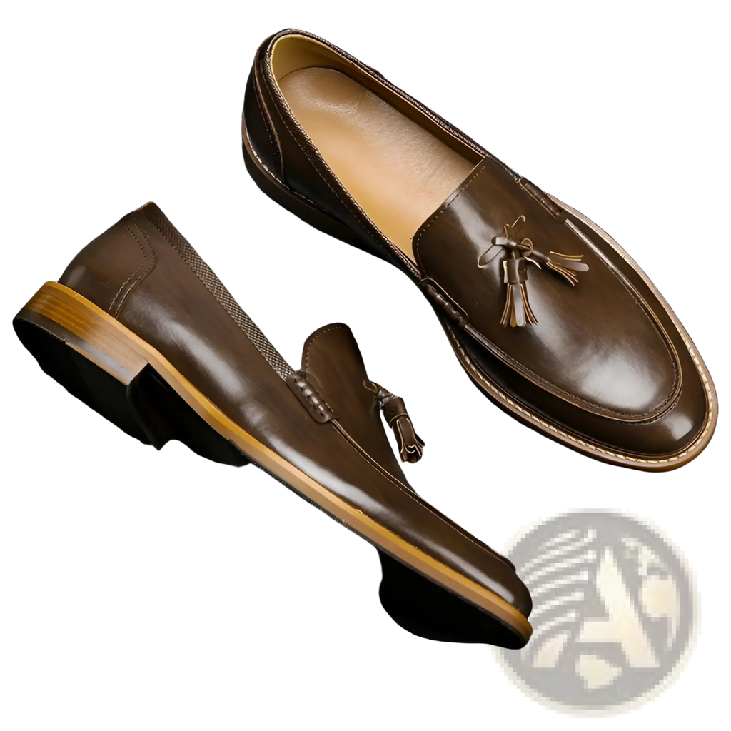Men’s polished brown leather tassel loafers with composite soles and contrasting tan stitching for formal wear