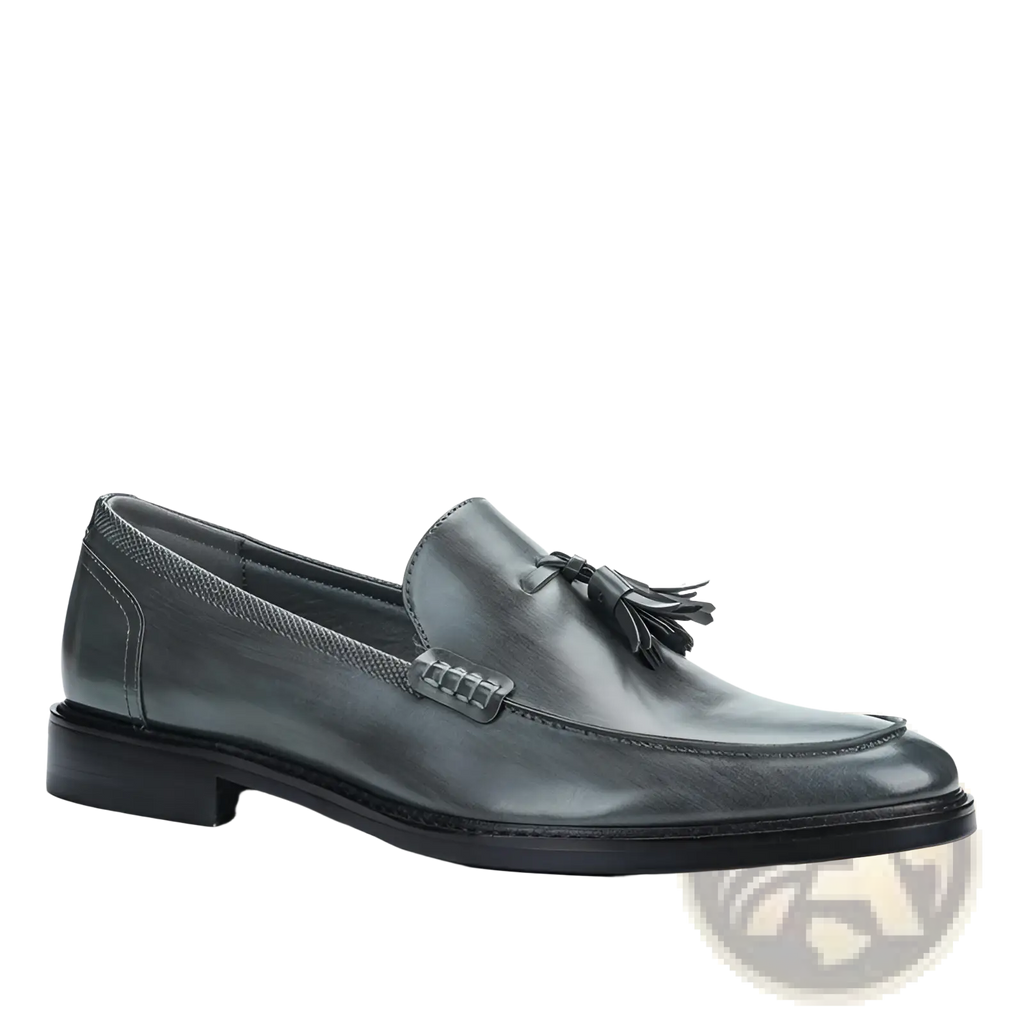 Men’s polished leather tassel loafers in dark gray with a polished finish and black composite rubber sole