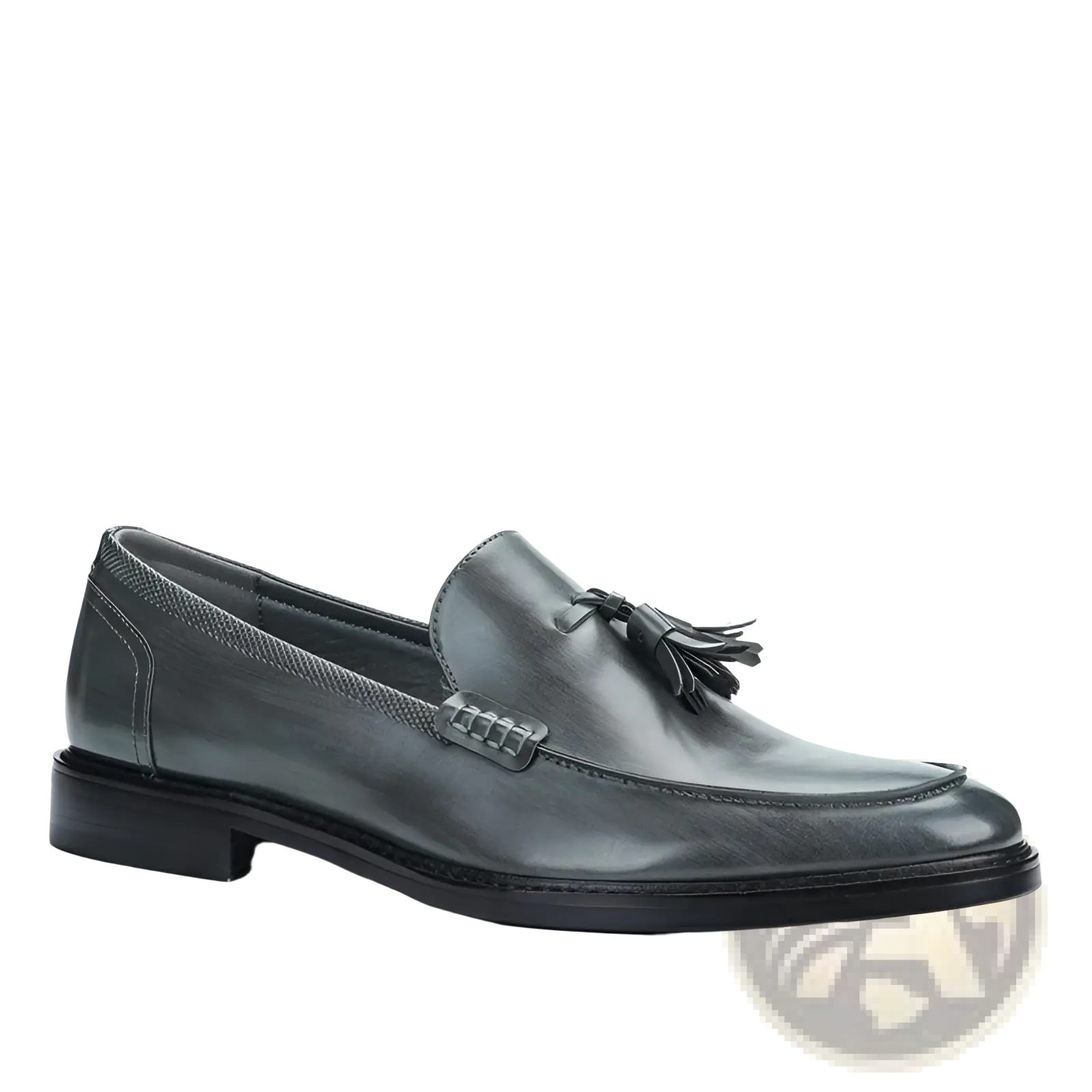 Men’s polished leather tassel loafers in dark gray with a polished finish and black composite rubber sole