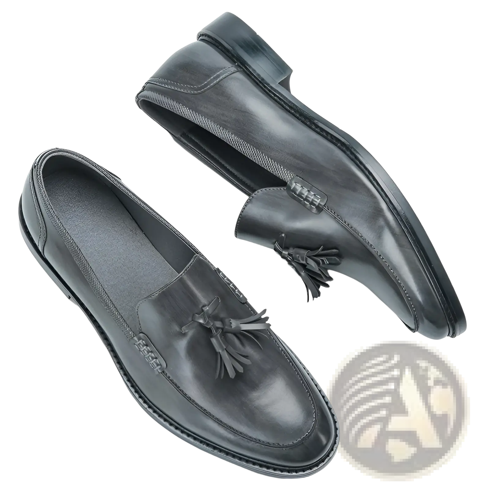 Men’s polished black leather tassel loafers with composite soles and subtle stitching details