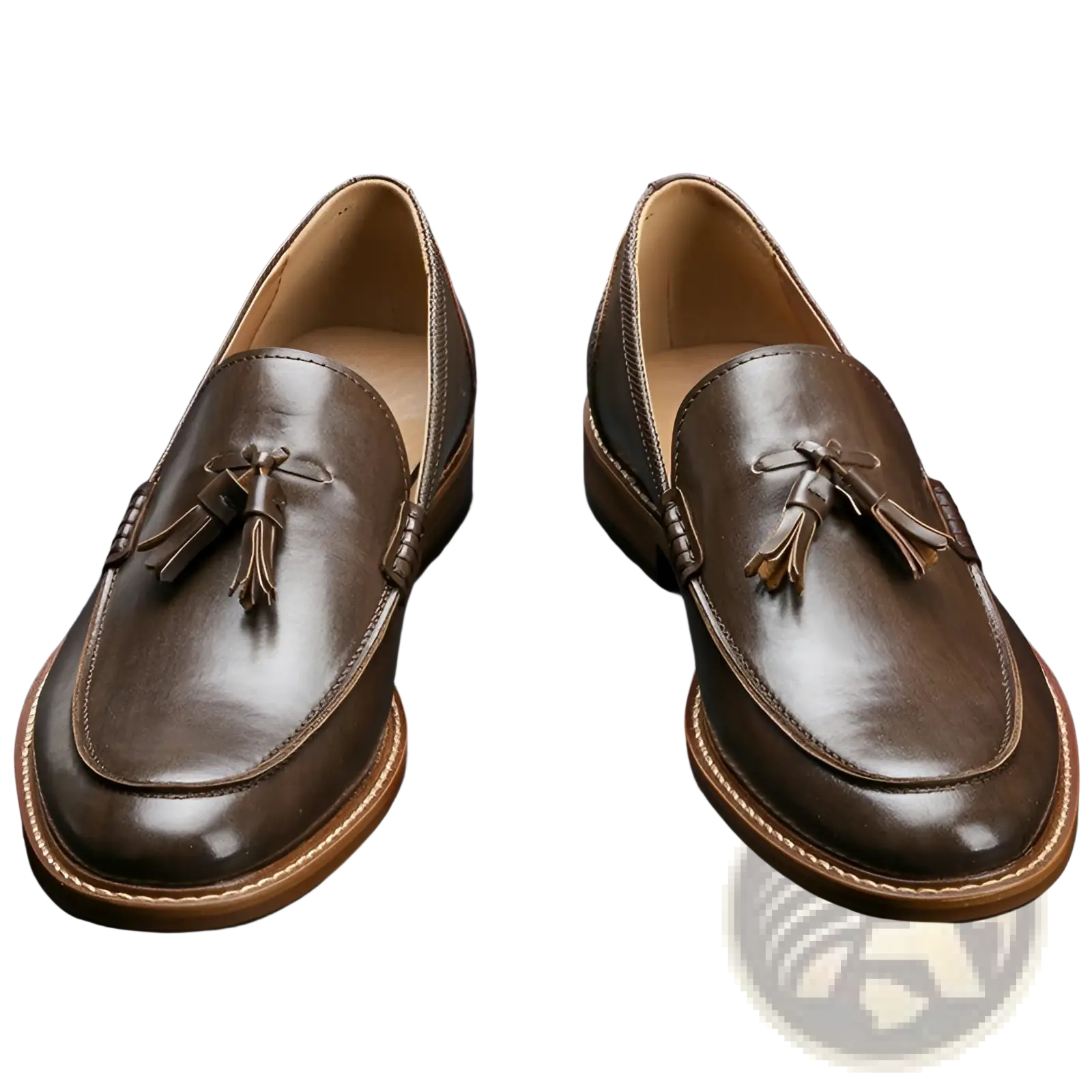 Men’s polished brown leather tassel loafers with a smooth finish and contrasting tan composite soles