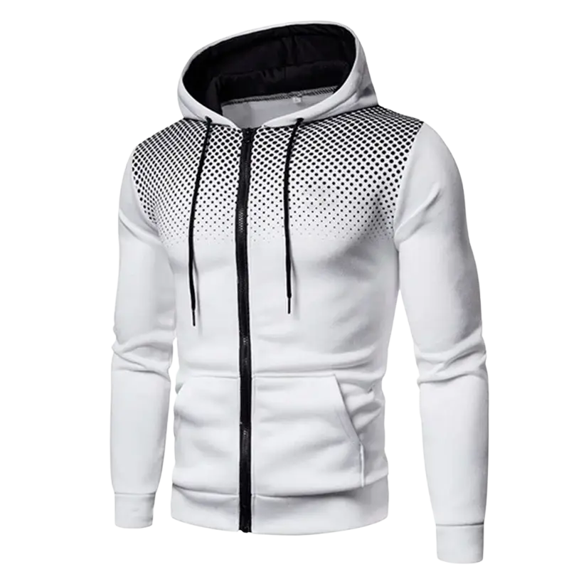 Men’s white zip up hoodie with black and white polka dot gradient shoulders black drawstrings and lining