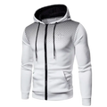 Men’s white zip up hoodie with black and white polka dot gradient shoulders black drawstrings and lining