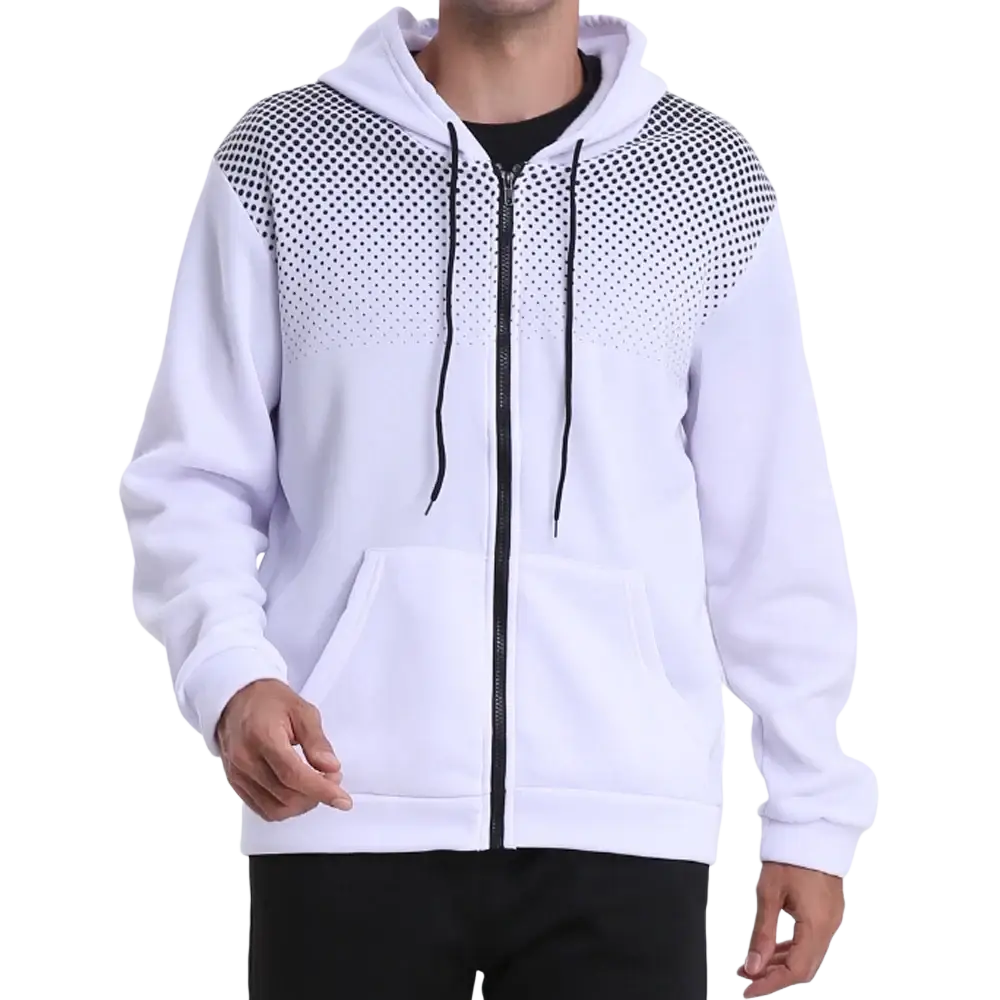 Men’s white zip-up hoodie with black polka dot pattern on shoulders and hood, featuring front zipper and side pockets