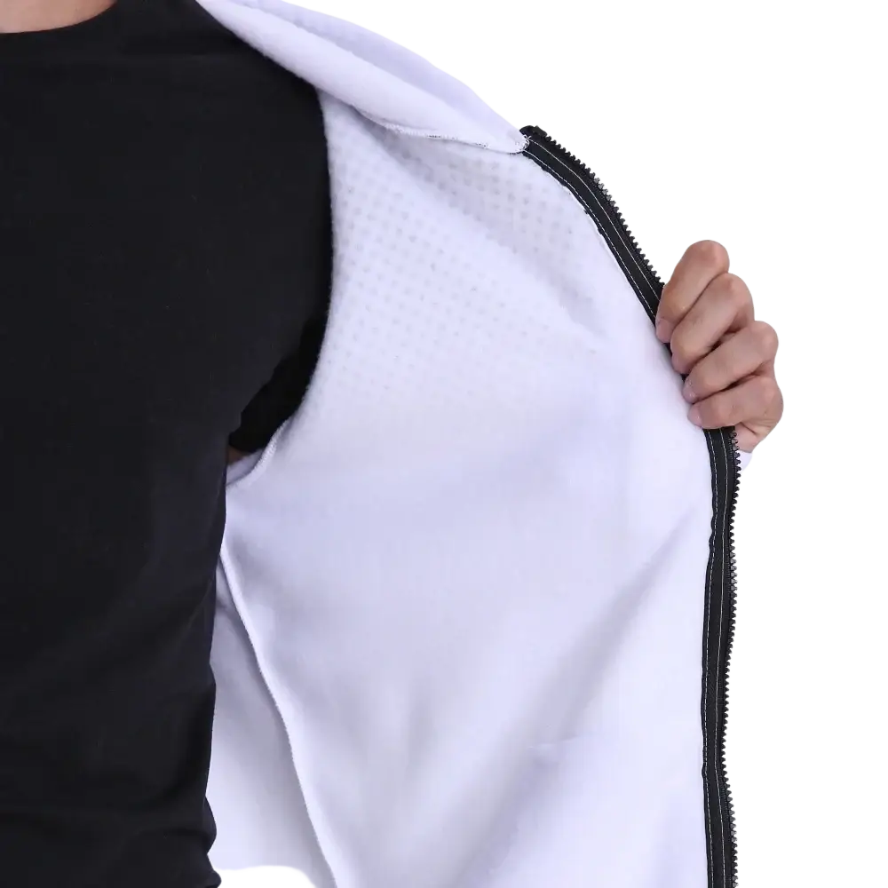 Men’s white polka dot zip-up hoodie with black zipper and perforated inner lining for comfortable wear