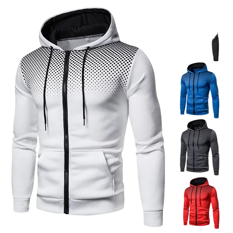 Men’s polka dot zip up hoodie in white with black polka dot shoulders and contrasting black inner lining