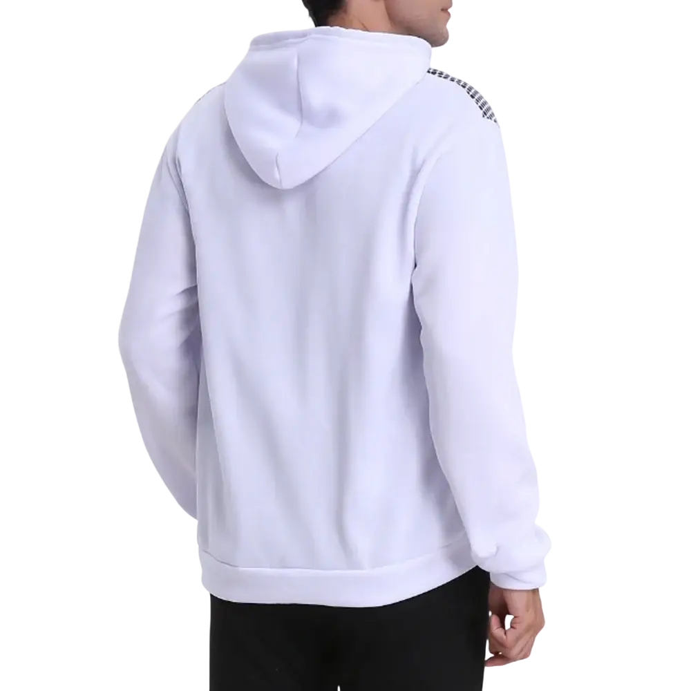 Men’s white polka dot zip up hoodie with black and white striped detailing along the shoulder seam back view