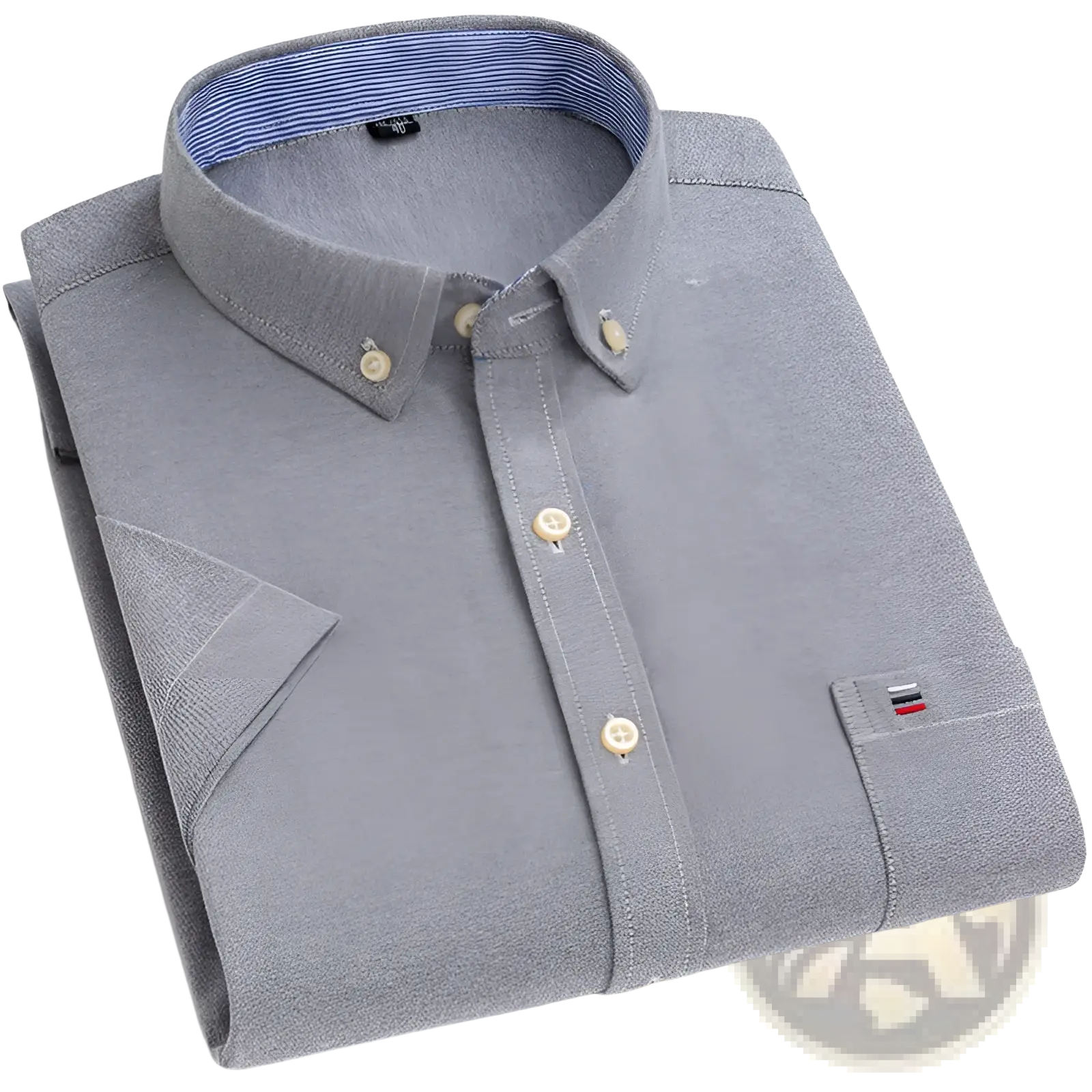 Gray textured short-sleeved button-down shirt with a blue and white striped inner collar lining.