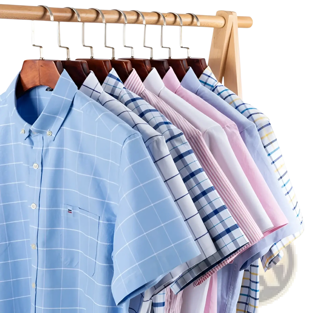 Men’s premium 100 percent cotton light blue short sleeve button down shirt with white grid pattern and chest logo