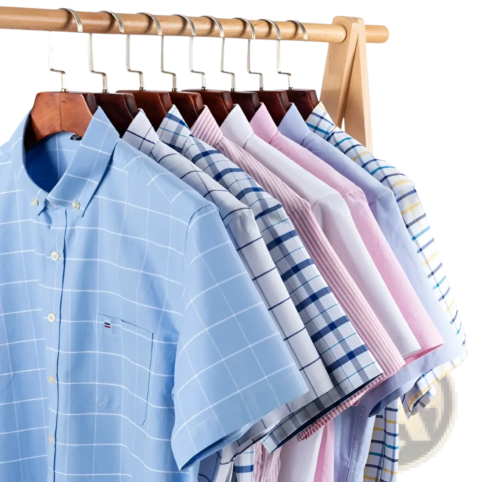 Men’s premium 100 percent cotton light blue short sleeve button down shirt with white grid pattern and chest logo