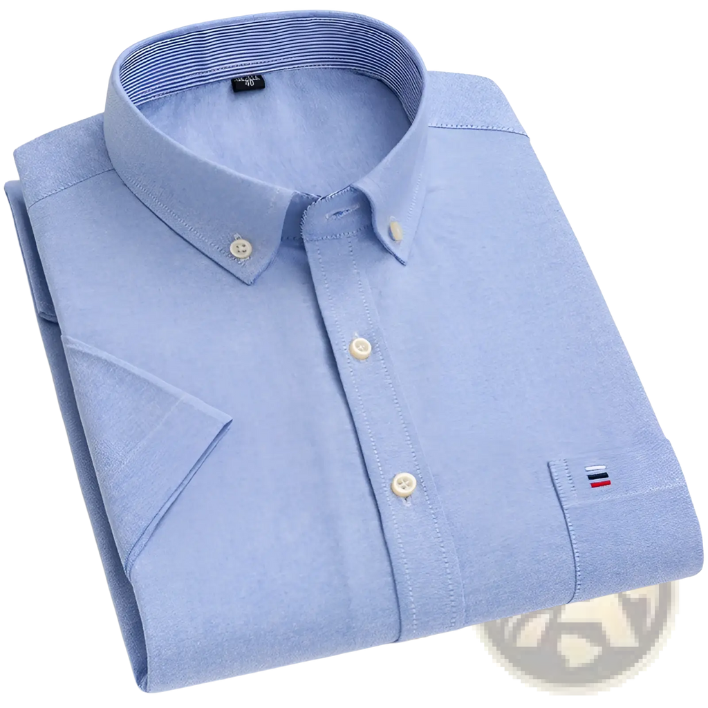 Men’s premium 100 percent cotton light blue short sleeve button down shirt with subtle textured weave and cream buttons