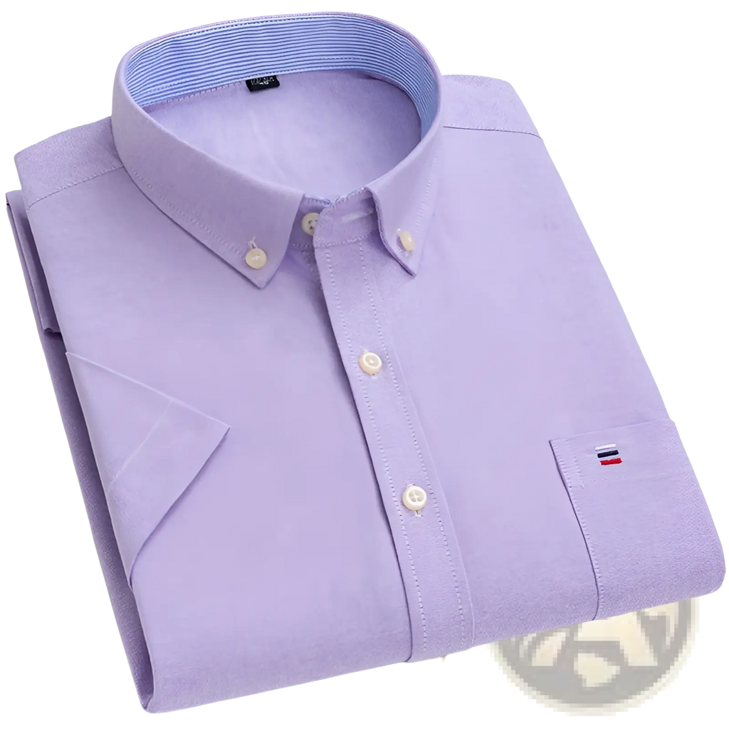 Men’s premium 100% cotton textured short sleeve shirt in lavender with cream buttons and blue-striped inner collar