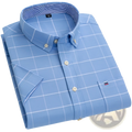 Men’s premium 100% cotton textured short sleeve shirt in light blue with white grid pattern and cream-colored buttons