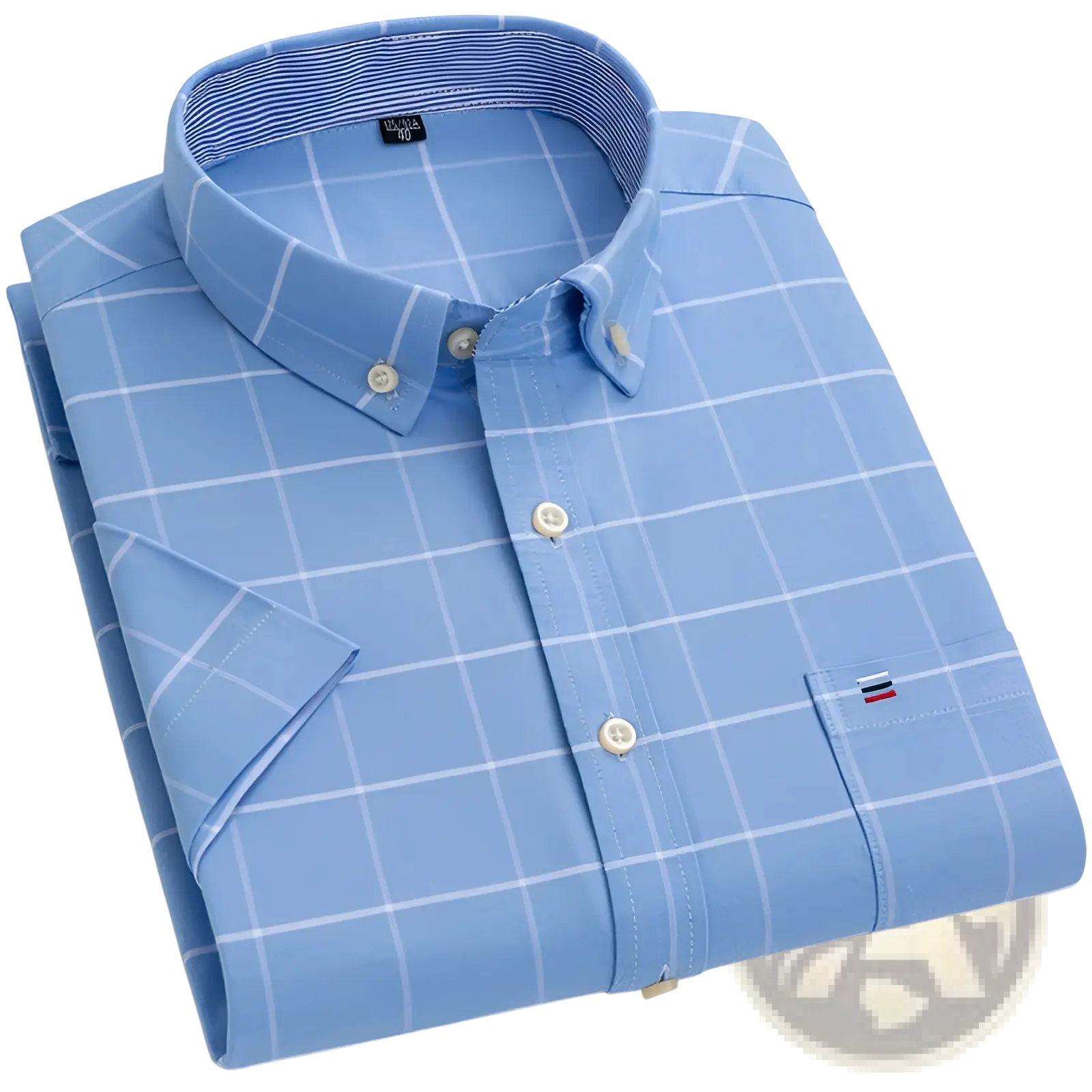 Men’s premium 100% cotton textured short sleeve shirt in light blue with white grid pattern and cream-colored buttons