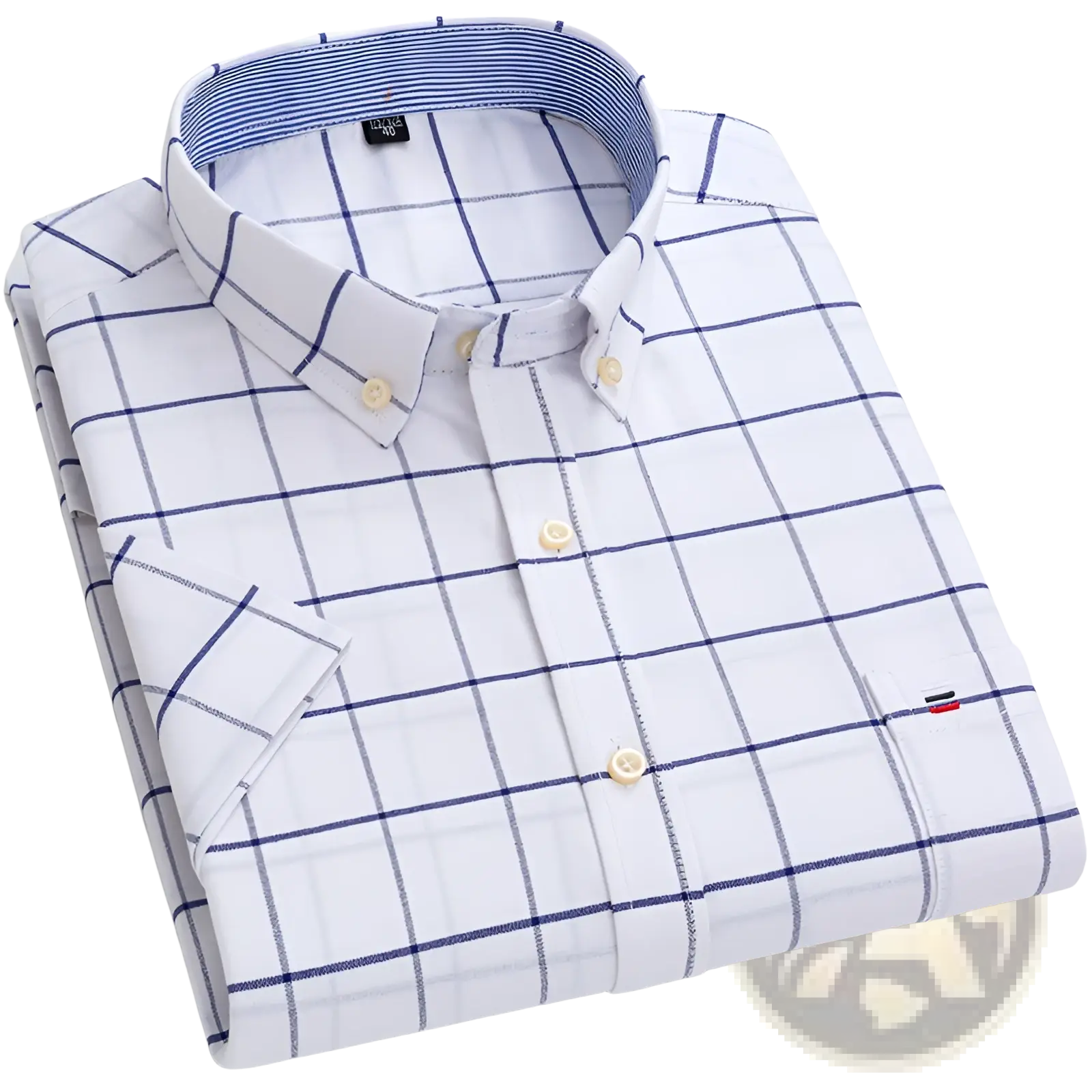 Men’s premium 100% cotton textured short sleeve shirt in white and navy blue checkered pattern with chest pocket logo