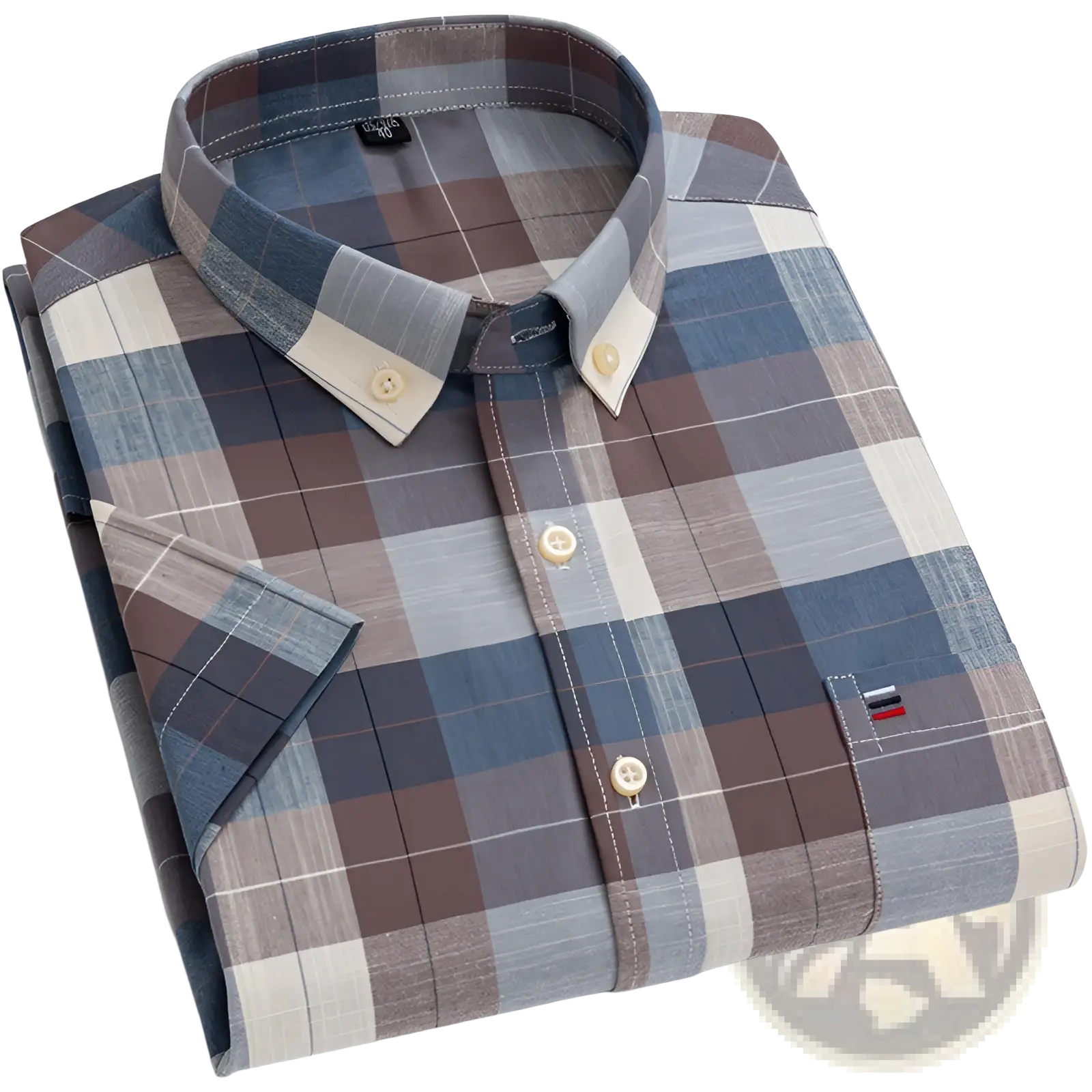 A neatly folded men’s premium 100% cotton textured short sleeve shirt with blue brown and beige plaid pattern