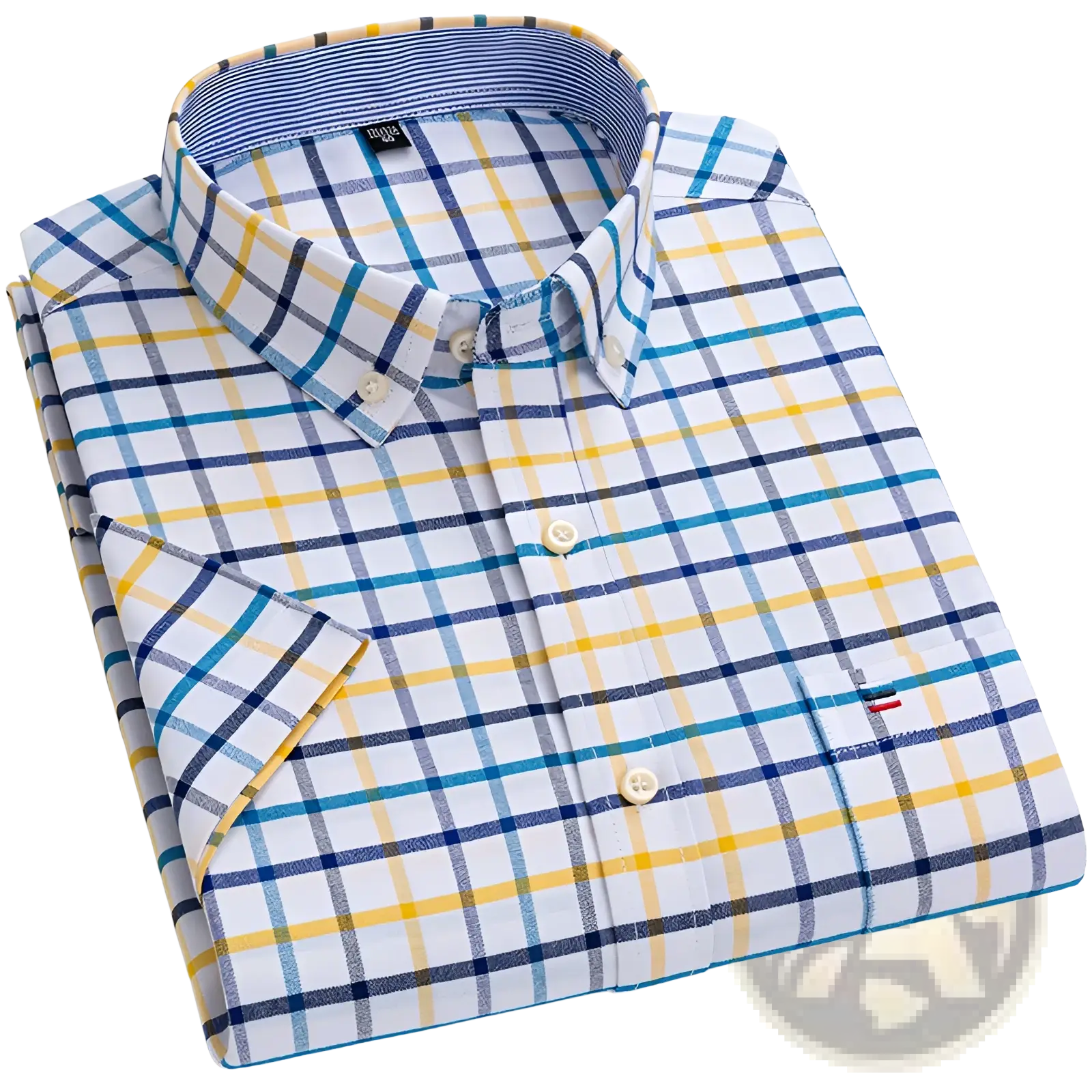 Men’s premium 100% cotton textured short sleeve shirt with vibrant white yellow and blue plaid and matching collar lining