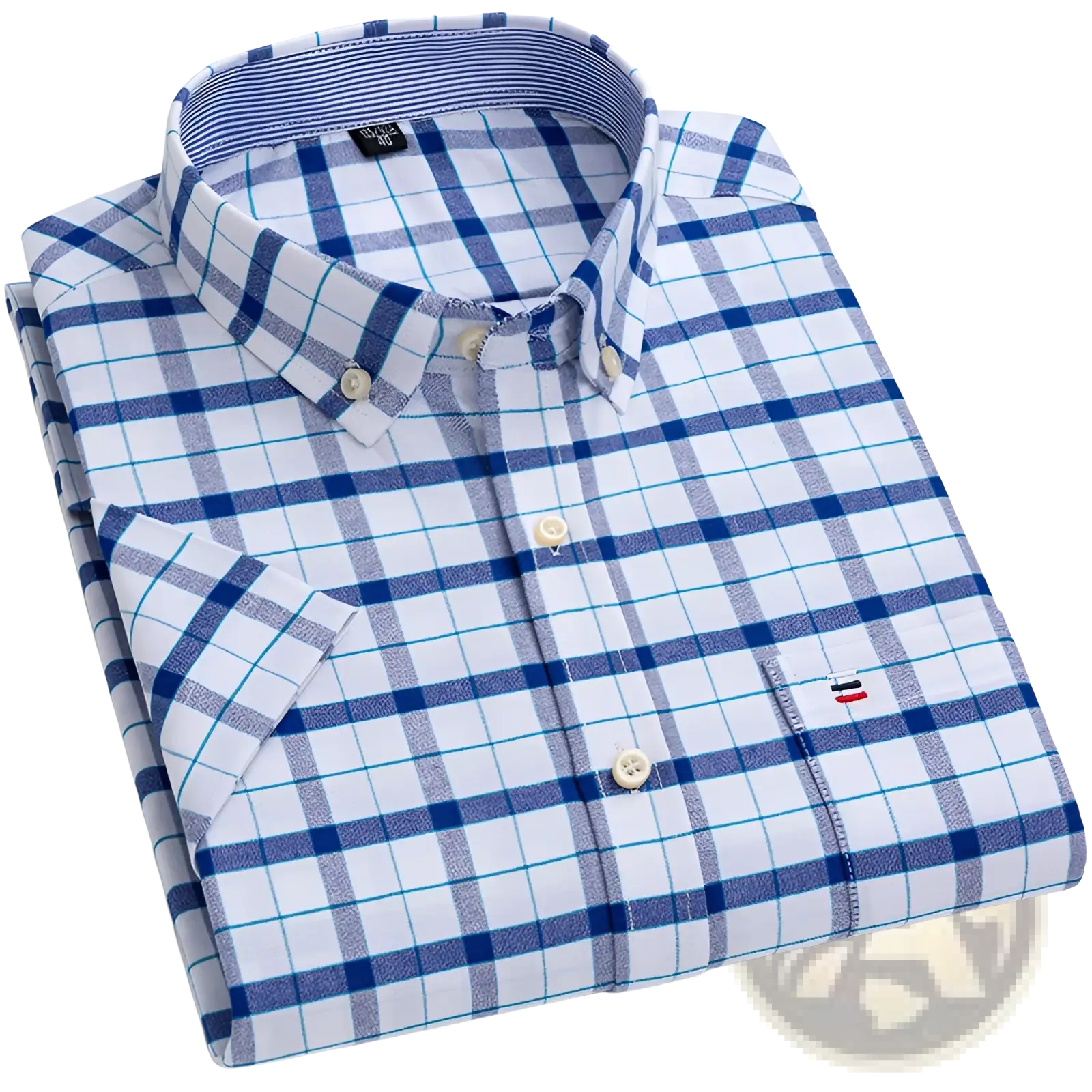 Men’s premium 100% cotton textured short sleeve shirt in blue and white plaid with light blue buttons and chest pocket logo