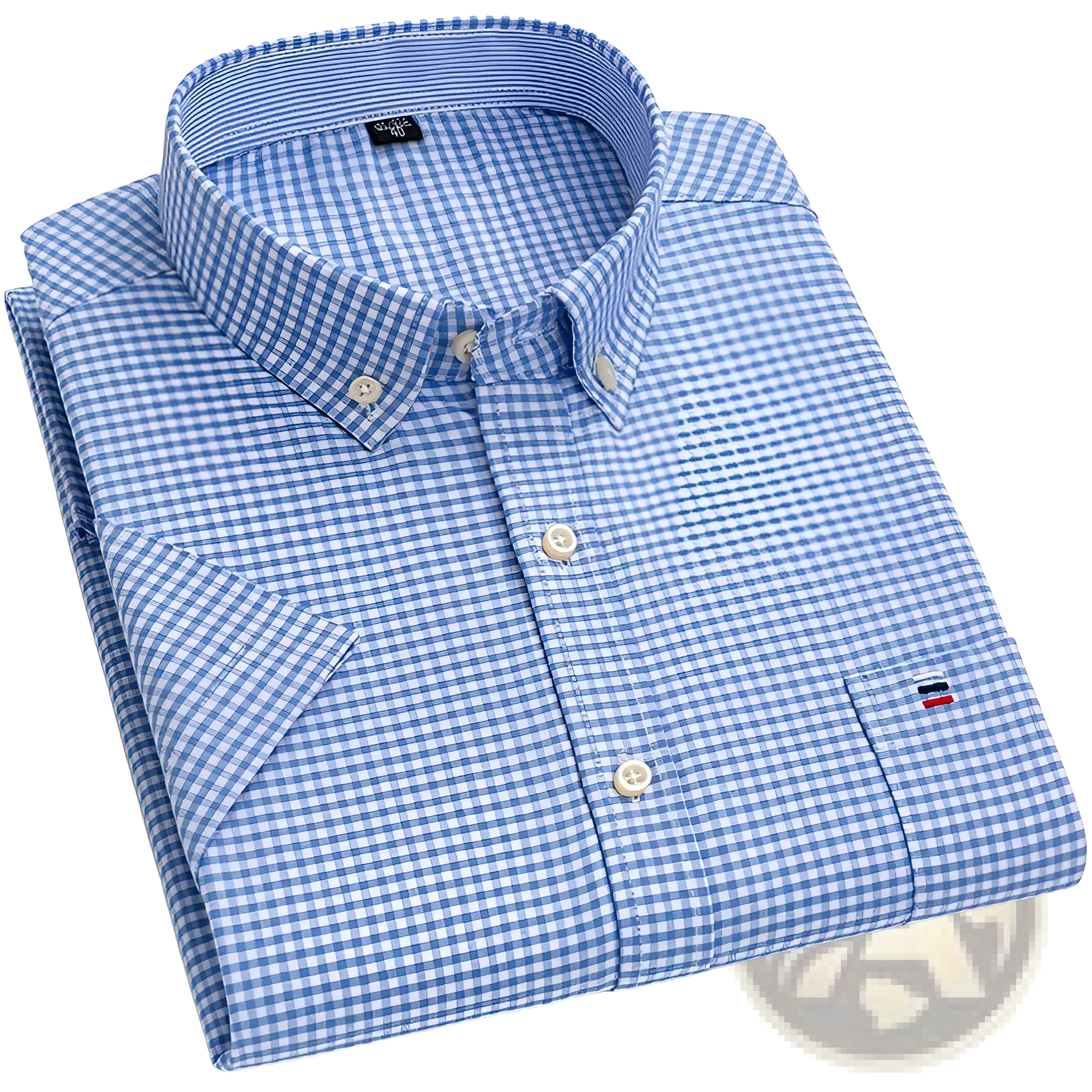 Men’s premium 100 percent cotton textured short sleeve shirt in light blue and white gingham with cream buttons and chest logo