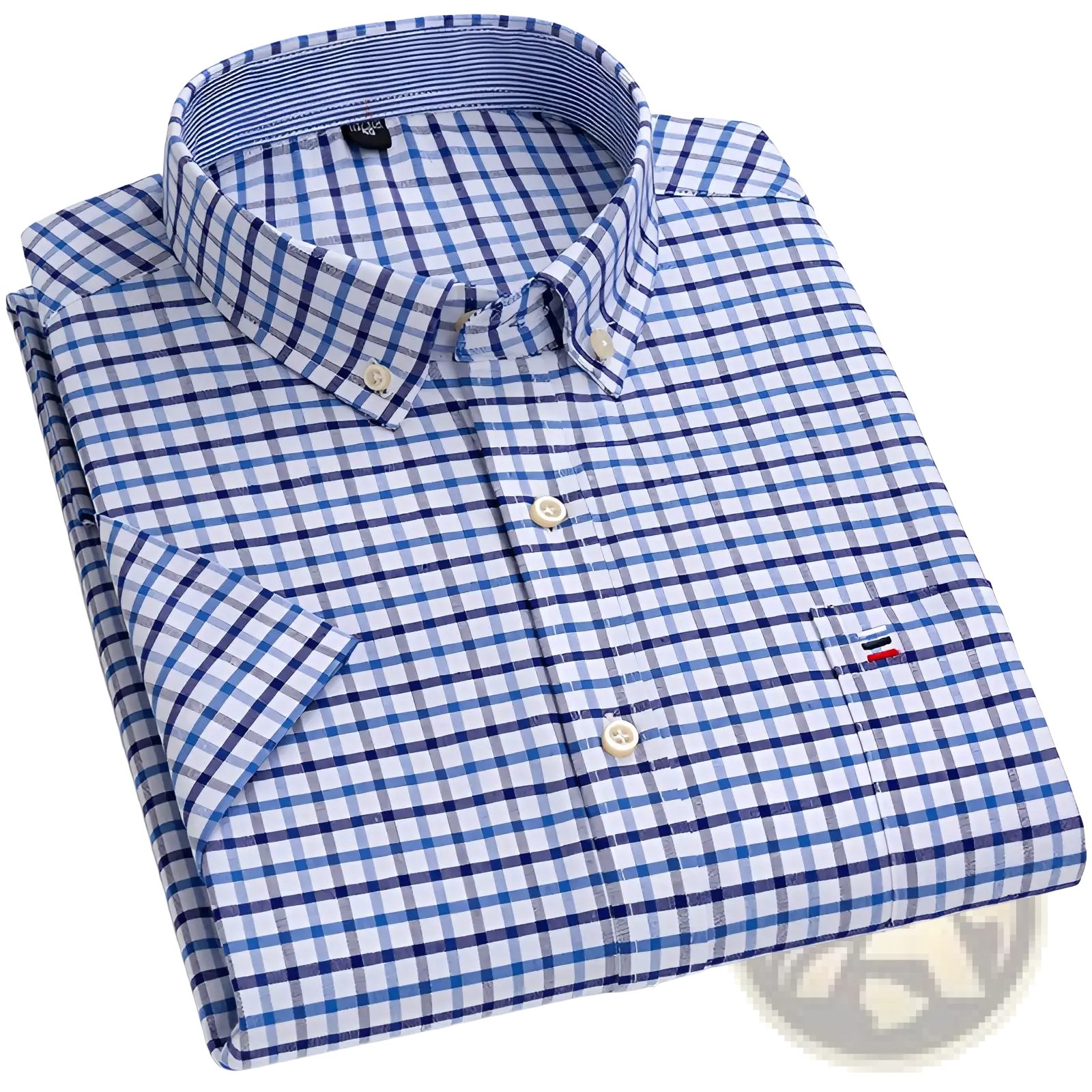 Mens premium 100 percent cotton textured short sleeve shirt in blue and white checkered pattern with cream buttons and chest logo
