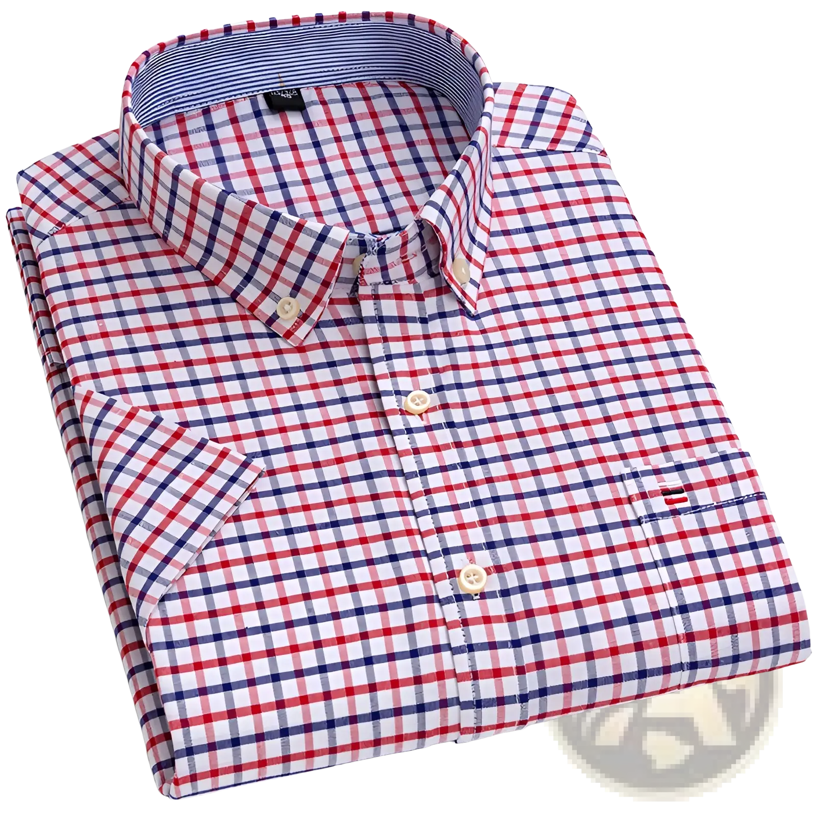 A neatly folded men’s premium 100% cotton short sleeve button-up shirt with red white and navy blue checkered pattern