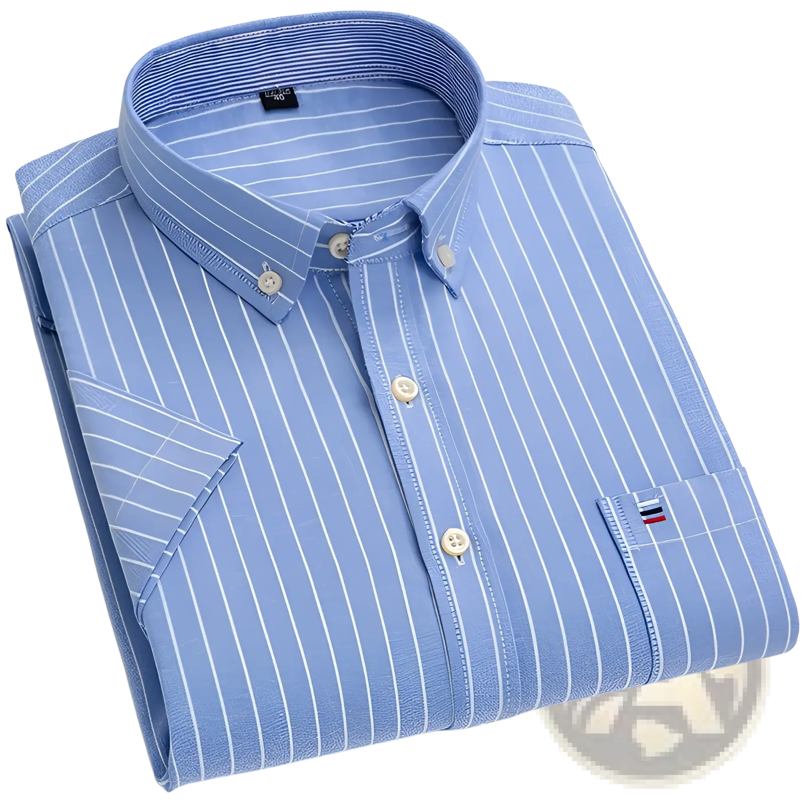 Men’s premium 100 percent cotton light blue short-sleeved shirt with white vertical stripes and cream buttons