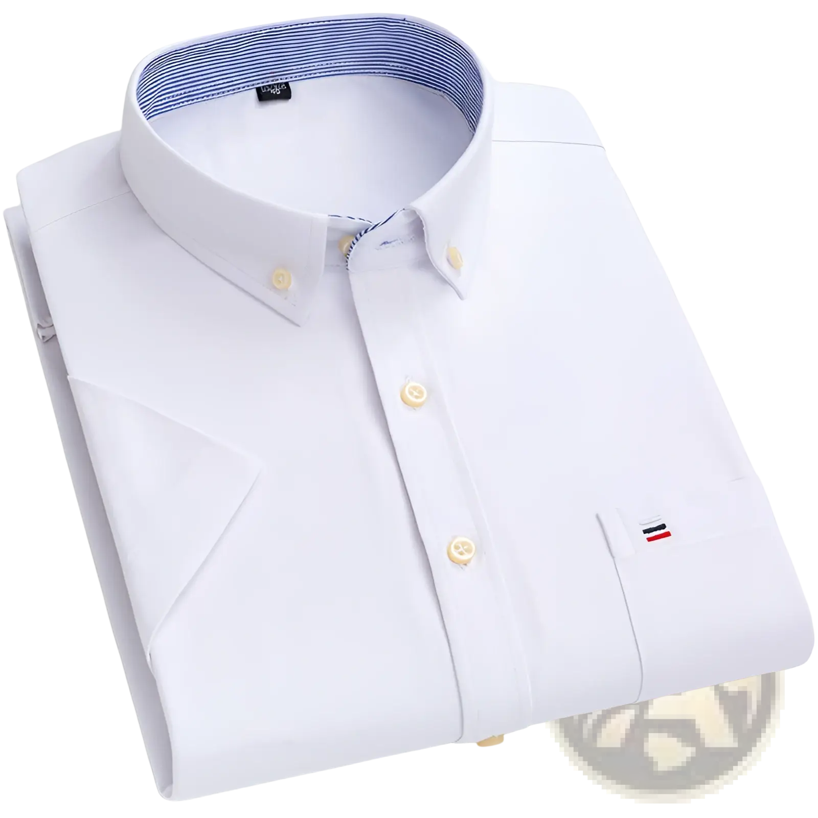Men’s premium 100% cotton textured white short sleeve shirt with blue striped inner collar and embroidered chest logo