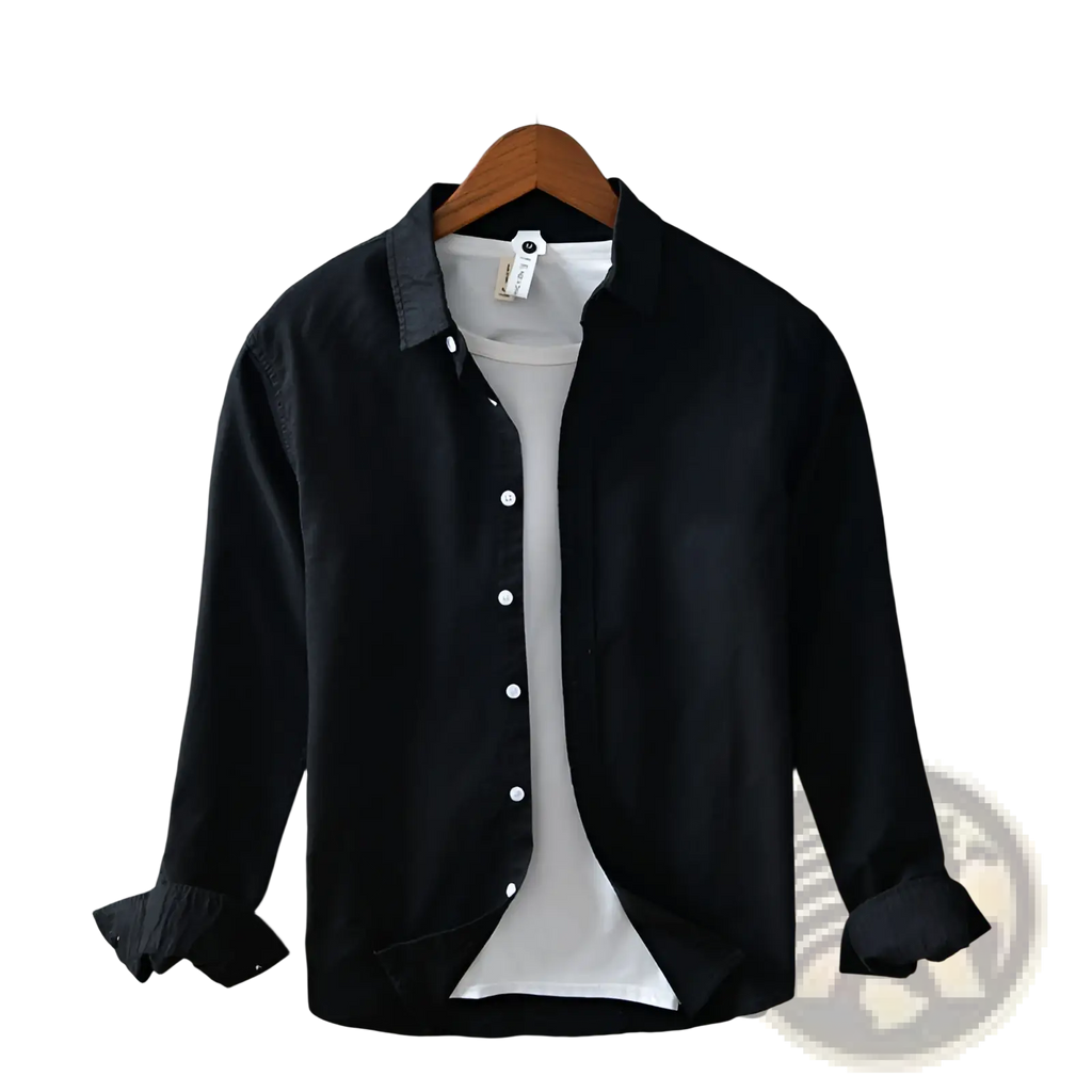 Men’s premium 100 percent linen black long-sleeve casual shirt with rolled cuffs and white inner layer visible