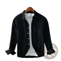 Men’s premium 100 percent linen black long-sleeve casual shirt with rolled cuffs and white inner layer visible