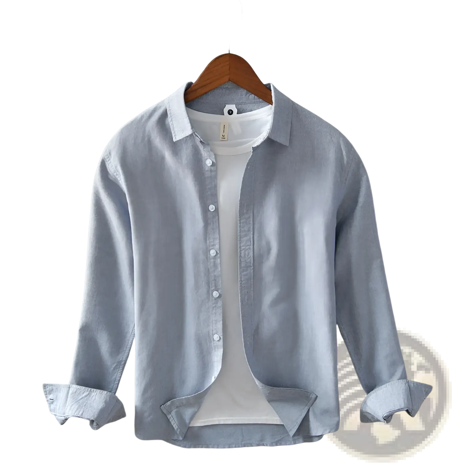 Men’s premium 100 percent linen long sleeve casual shirt in light blue with white collar and cuffs
