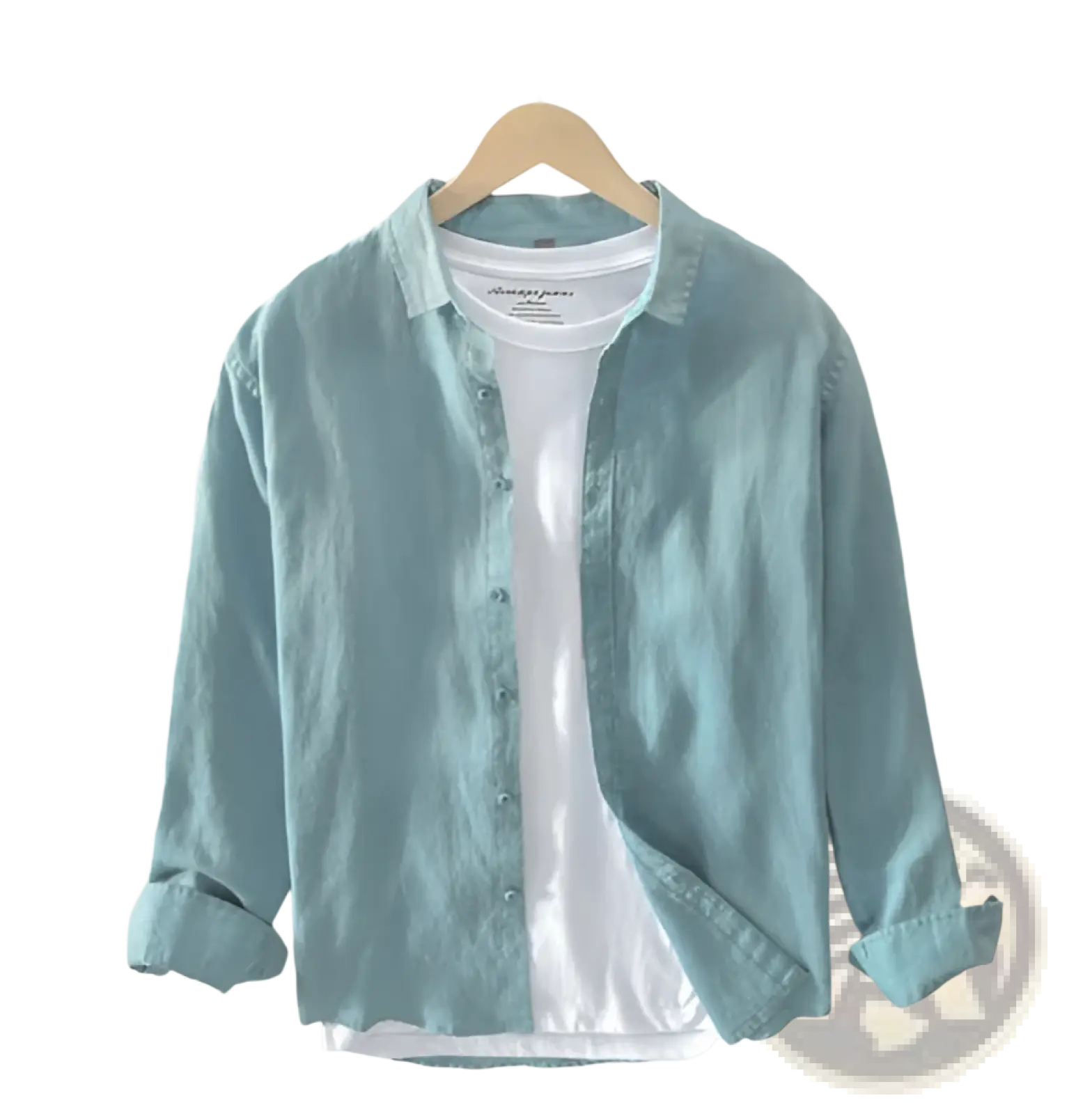 Men’s premium 100% linen long sleeve casual shirt in light blue with rolled cuffs and subtle texture