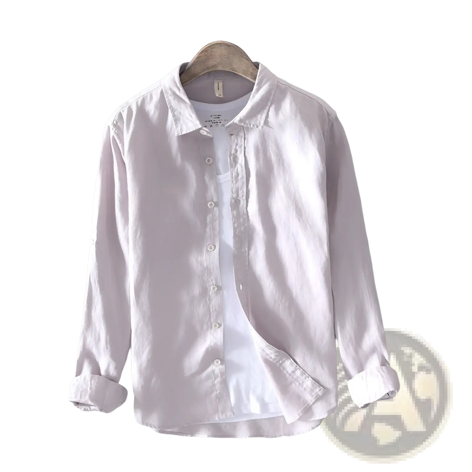 Light pink men’s premium 100% linen long sleeve casual shirt with classic collar and rolled cuffs on wooden hanger