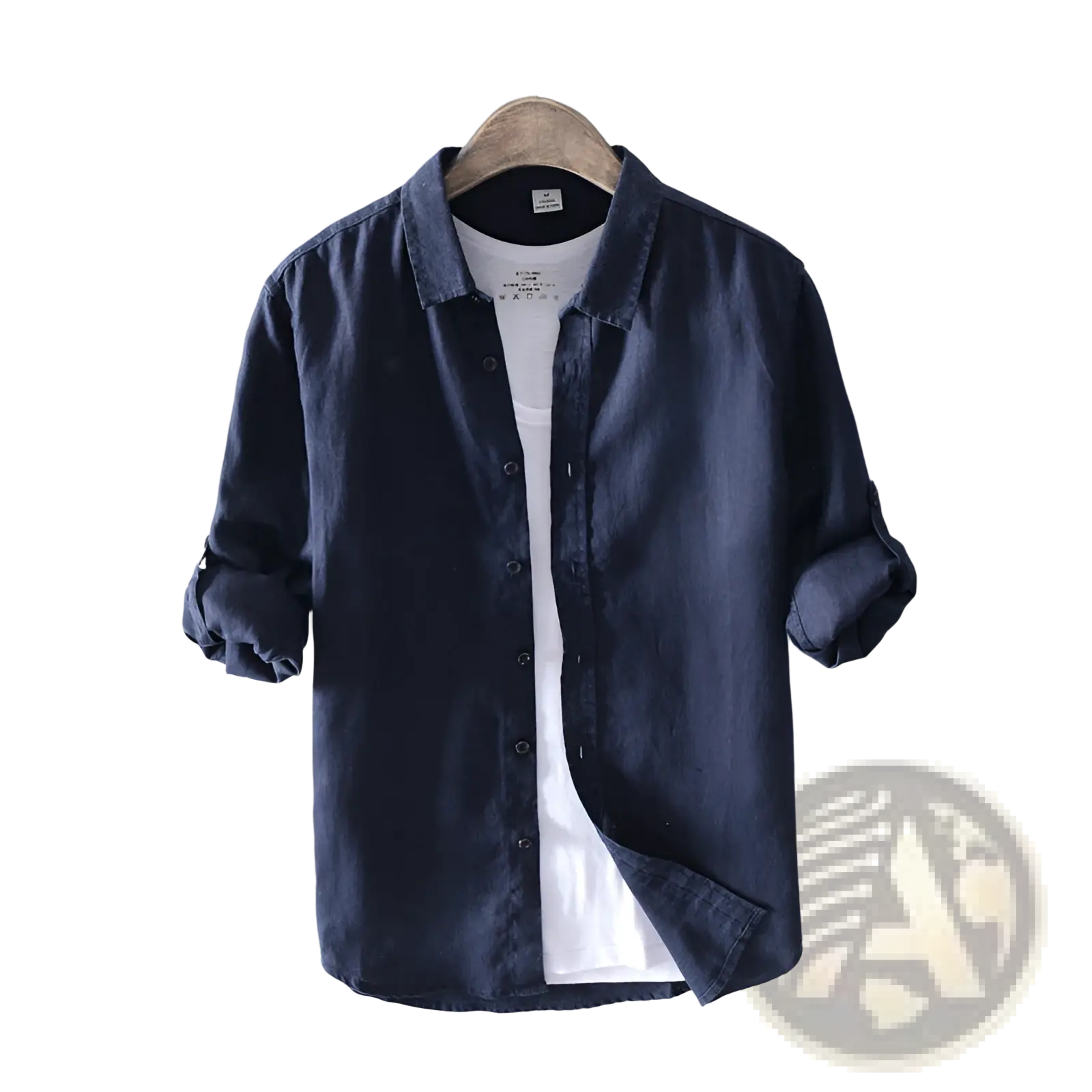 Men’s premium dark blue linen long sleeve casual shirt with rolled sleeves and classic collar for breathable comfort