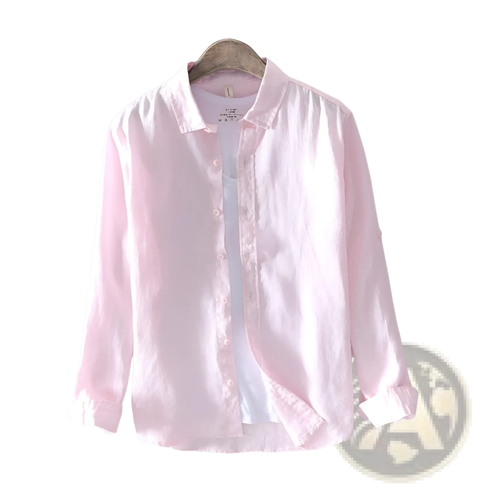 Men’s premium 100% linen long sleeve casual shirt in soft pink with classic collar and rolled cuffs