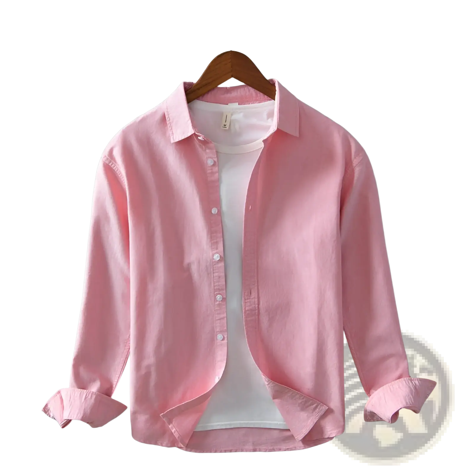 A soft pink men’s premium 100% linen long sleeve casual shirt with classic collar and rolled cuffs on wooden hanger