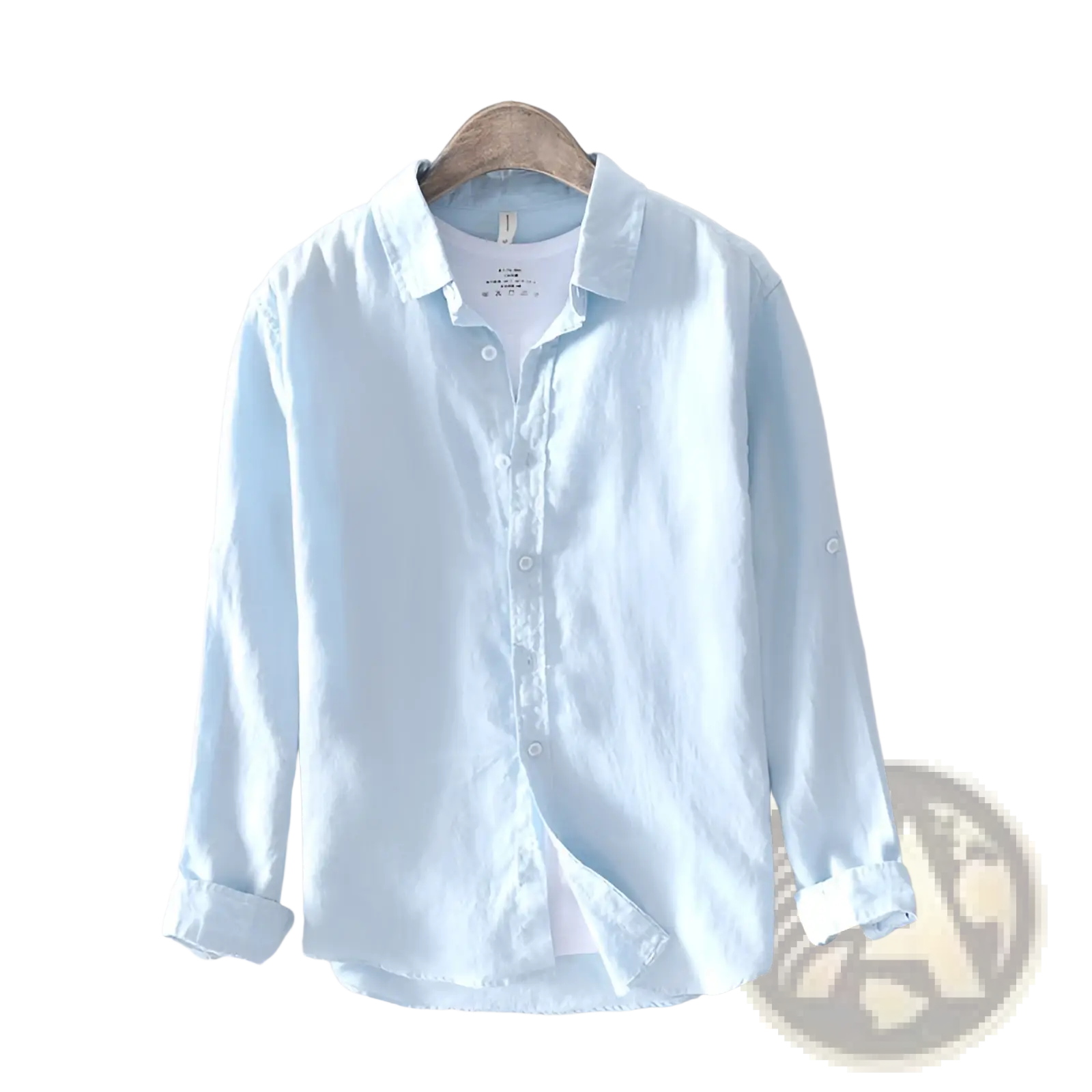 Men’s premium light blue 100% linen long sleeve casual shirt with collar and rolled cuffs hanging on wooden hanger