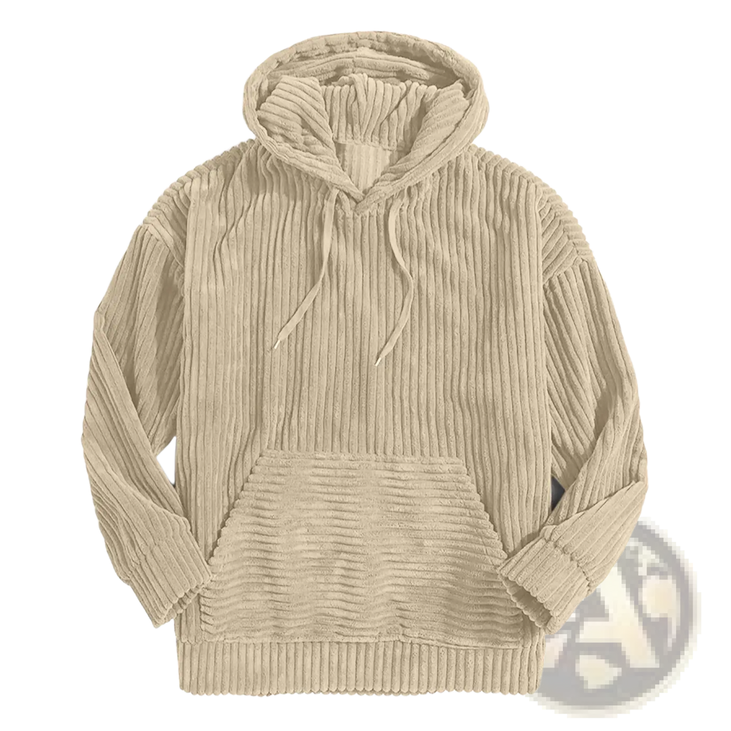 Men’s premium beige corduroy drop shoulder hoodie with ribbed texture and front pocket for casual wear