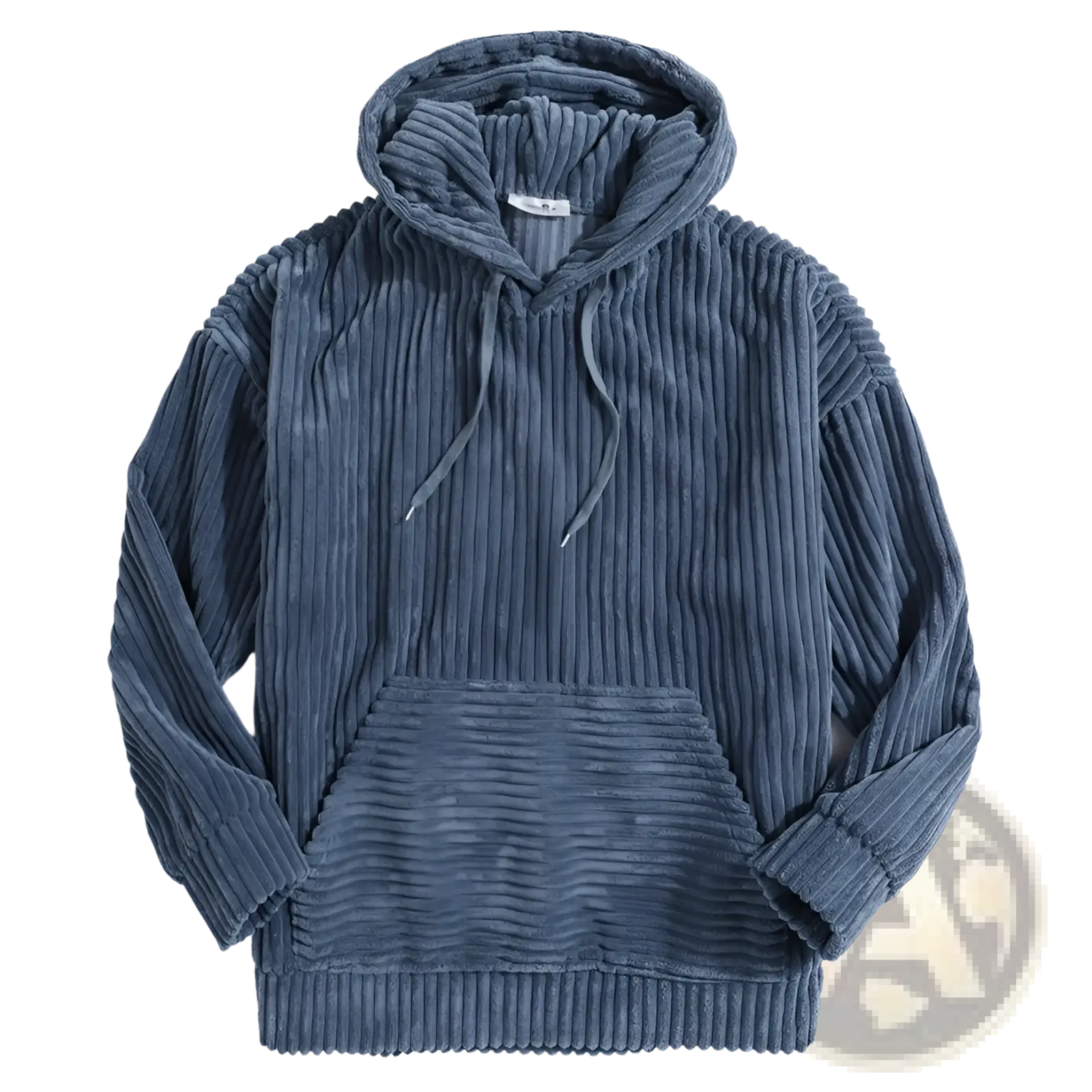 Men’s premium corduroy drop shoulder hoodie in navy blue with ribbed texture and matching drawstrings