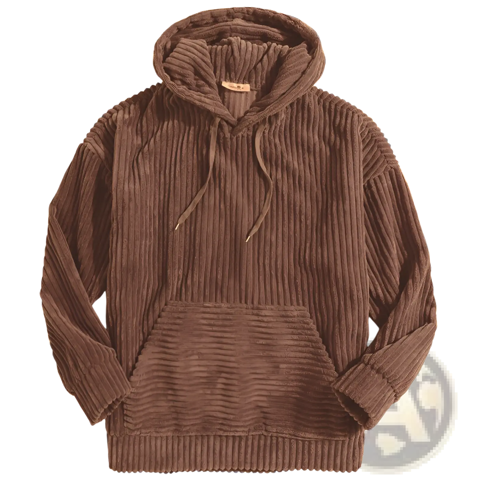 Men’s premium brown corduroy drop shoulder hoodie with ribbed texture drawstring hood and front pocket