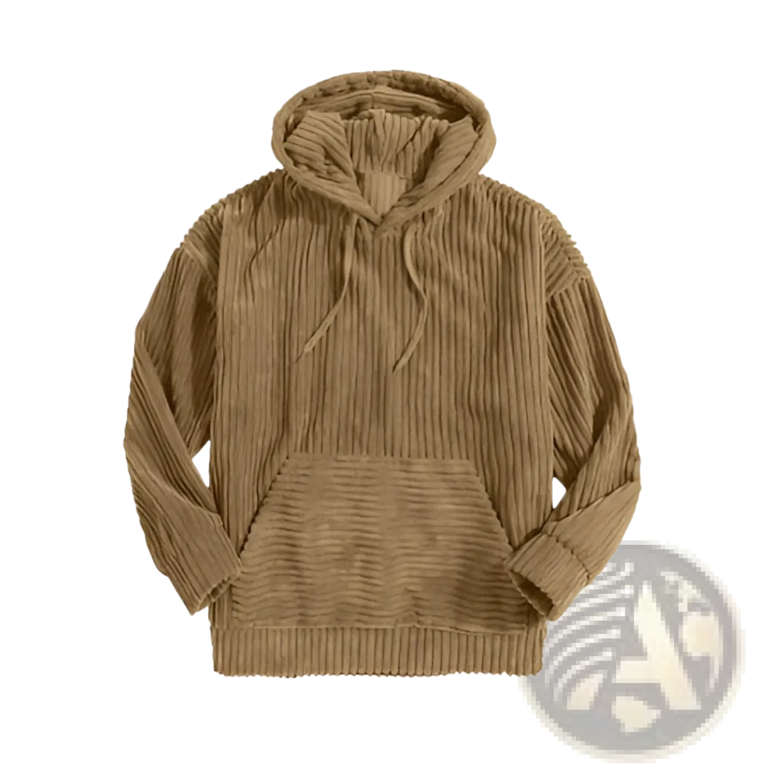 Men’s premium tan corduroy hoodie with ribbed texture and front pocket featuring a drop shoulder design