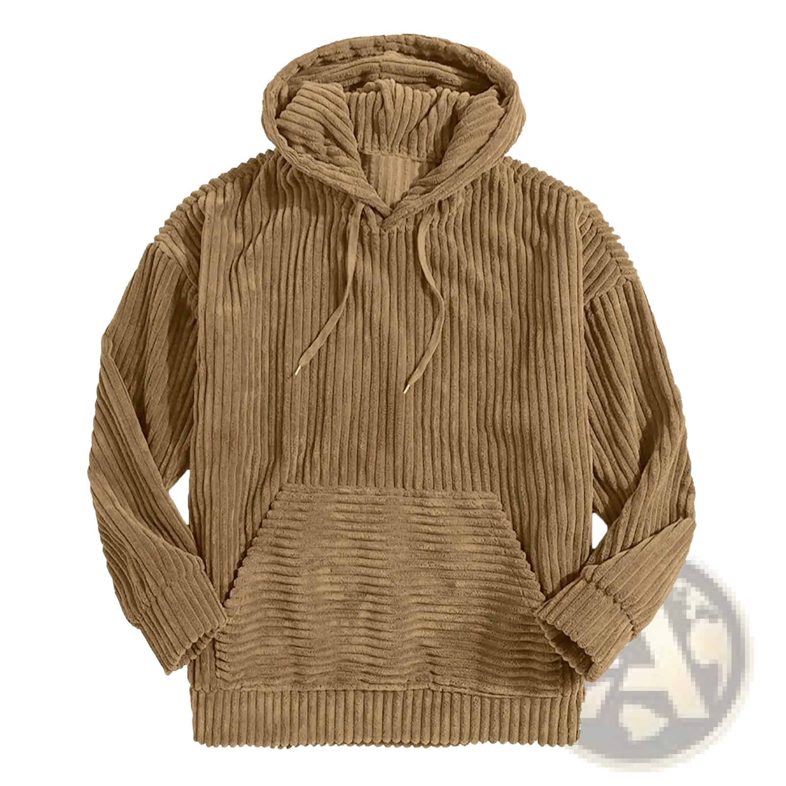 Men’s premium tan corduroy drop shoulder hoodie with ribbed texture long sleeves and front pouch pocket