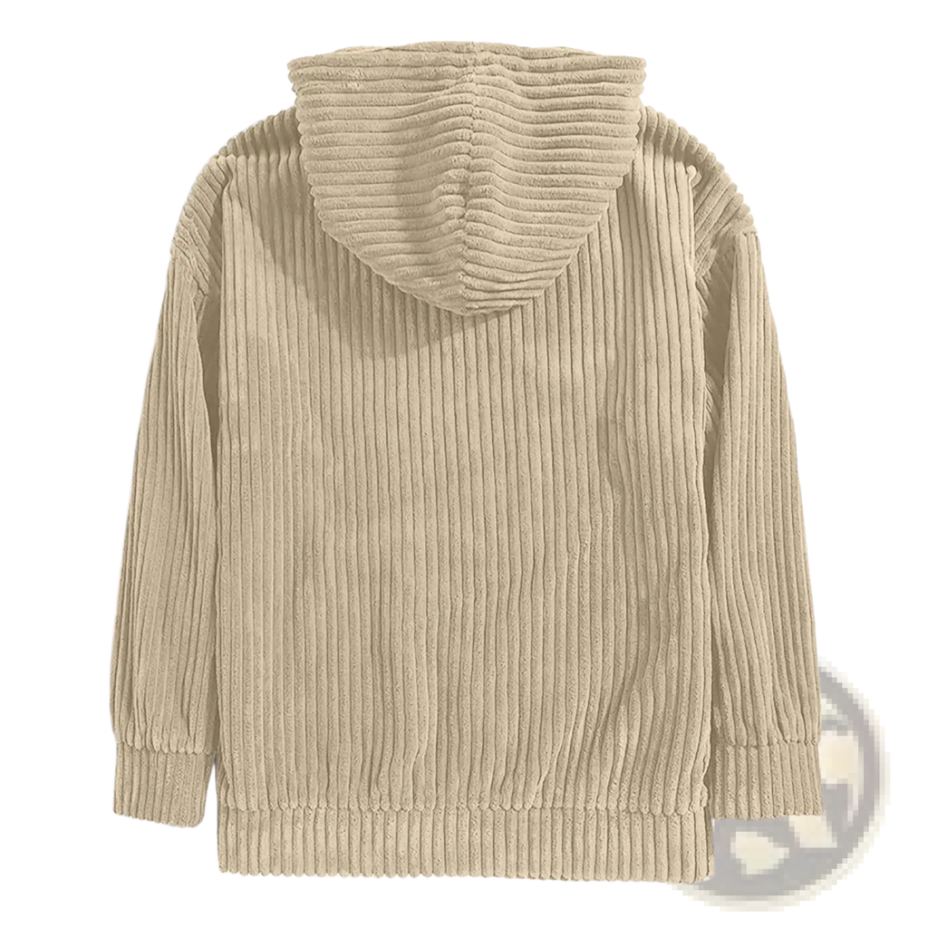 Beige men’s premium corduroy drop shoulder hoodie with ribbed texture and matching hood for casual wear