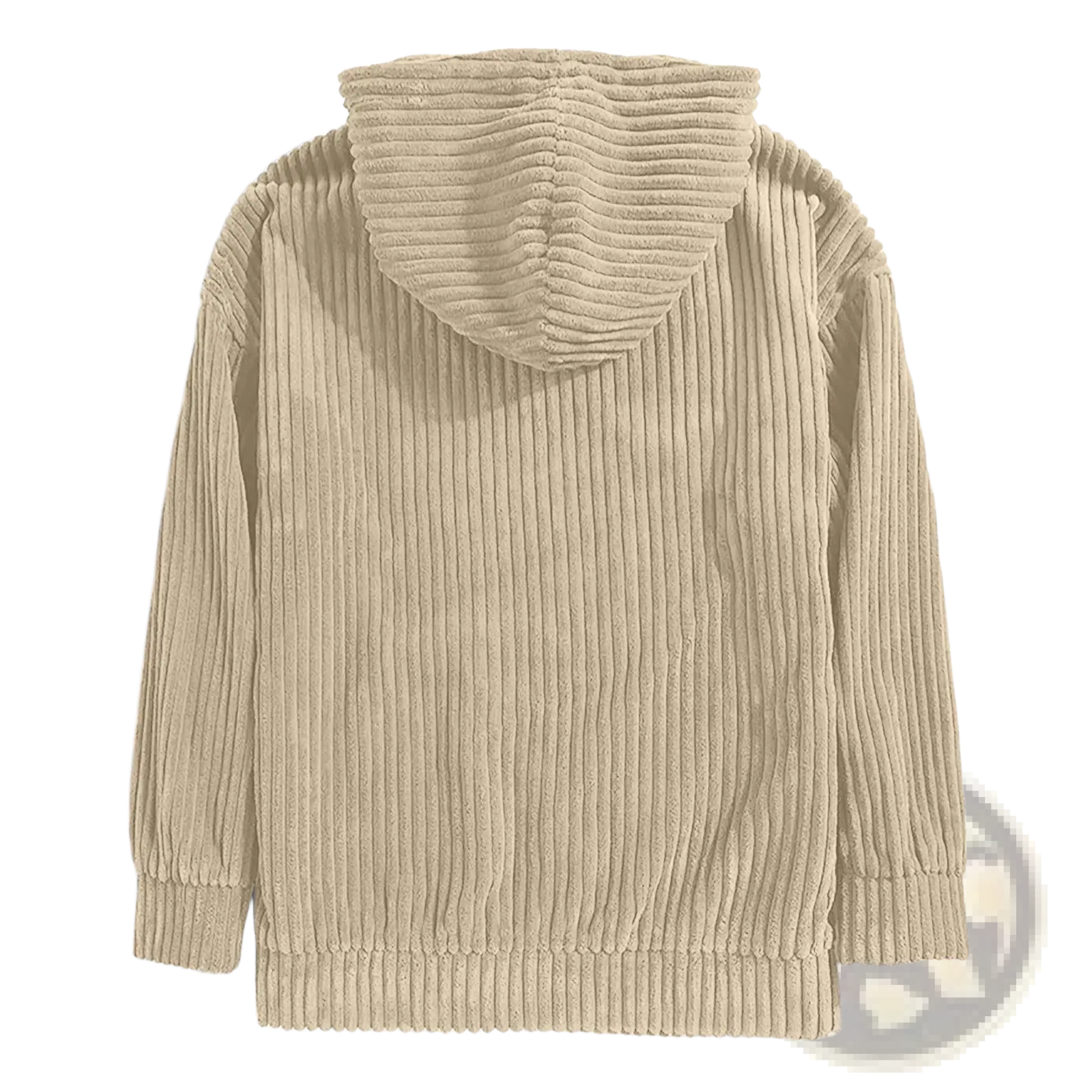 Beige men’s premium corduroy drop shoulder hoodie with ribbed texture and matching hood for casual wear