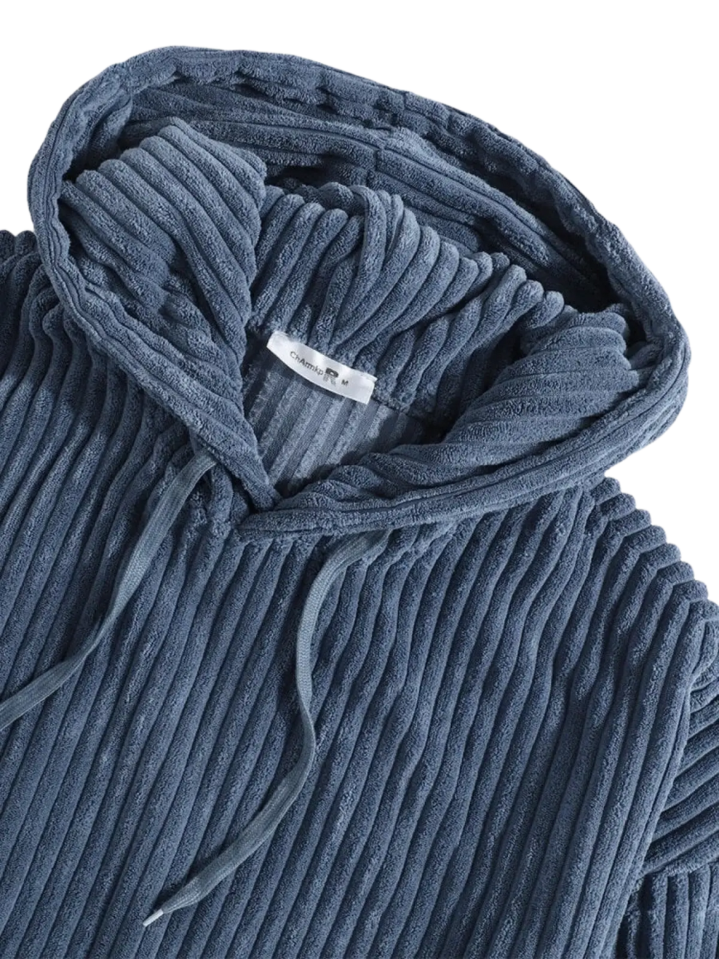 Men’s premium corduroy drop shoulder hoodie in navy blue with soft ribbed texture and matching drawstrings