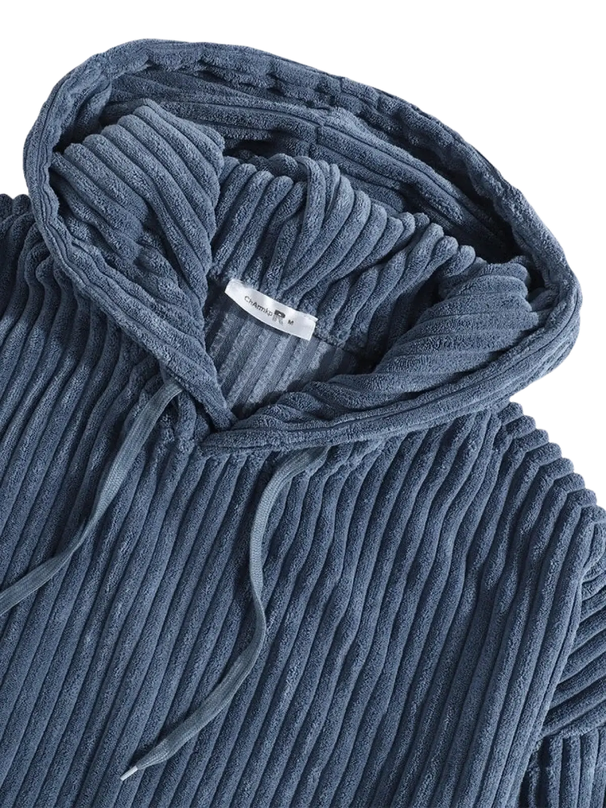 Men’s premium corduroy drop shoulder hoodie in navy blue with soft ribbed texture and matching drawstrings