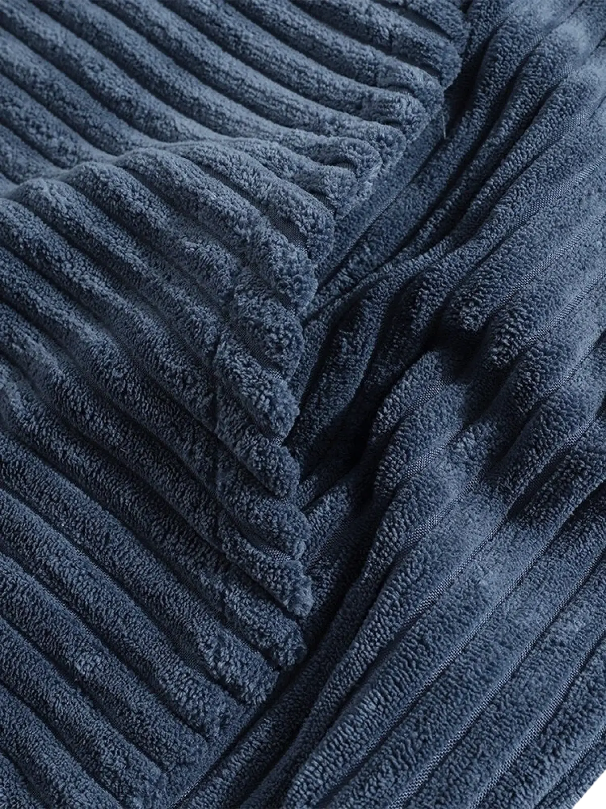 Men’s premium dark blue corduroy drop shoulder hoodie fabric with prominent vertical ribs and soft plush texture