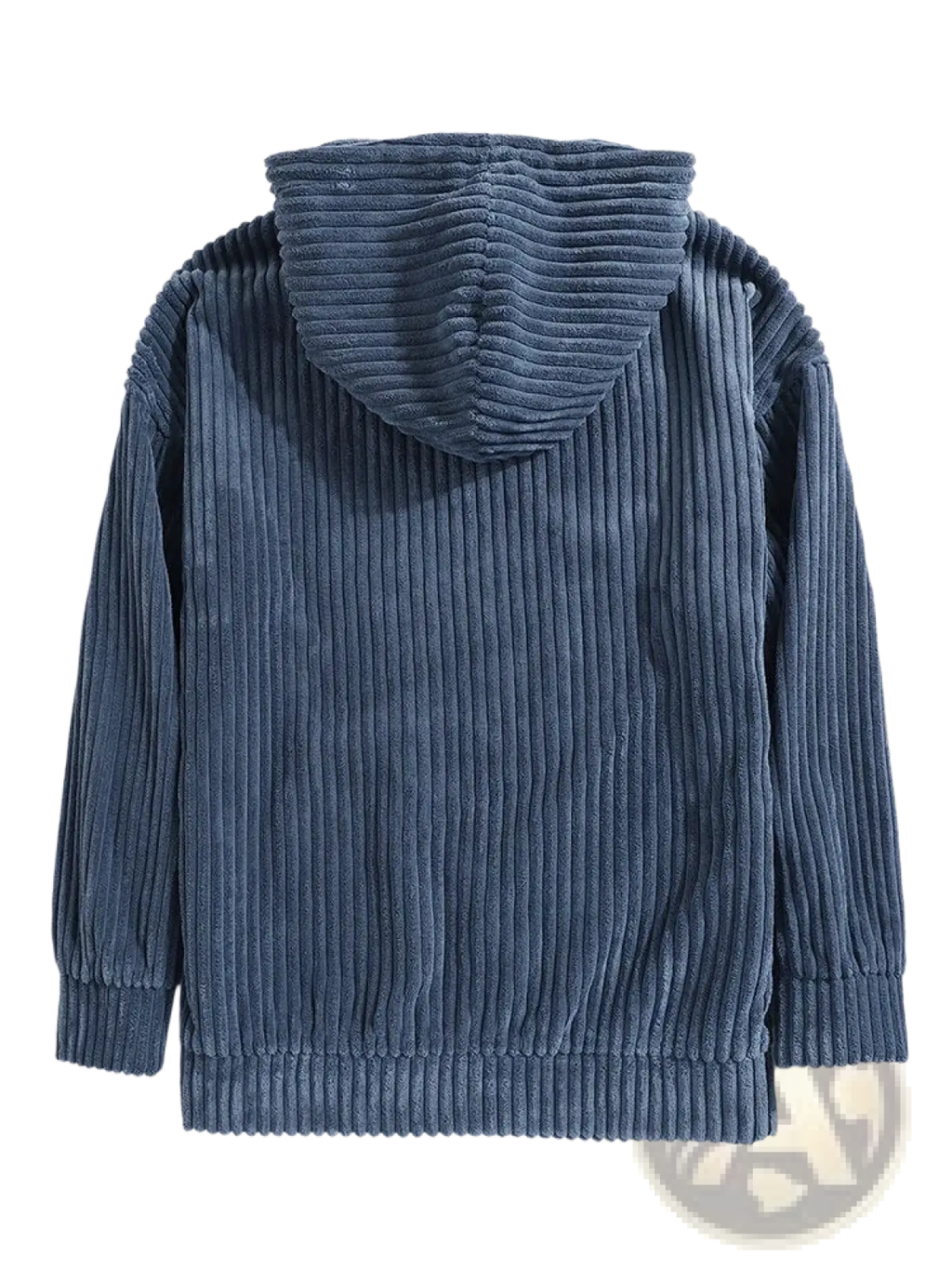 Men’s premium corduroy drop shoulder hoodie in navy blue with ribbed texture and matching hood