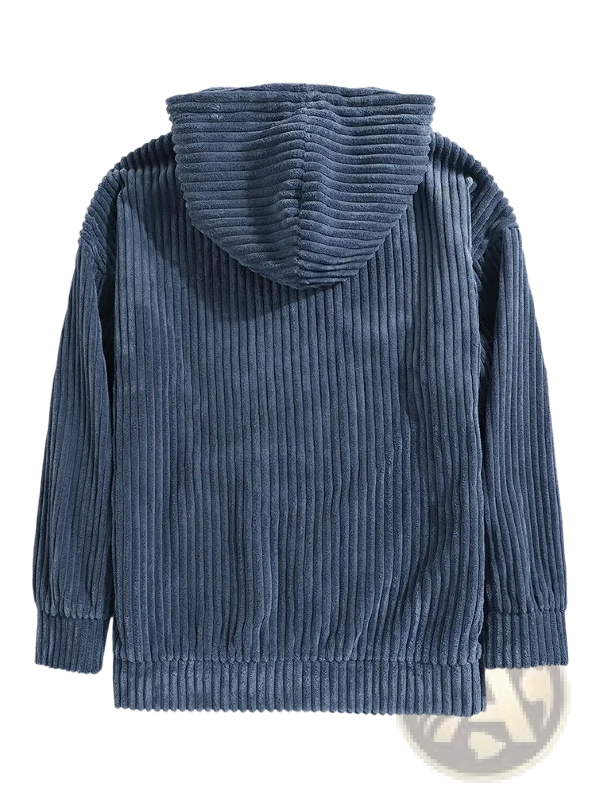 Men’s premium corduroy drop shoulder hoodie in navy blue with ribbed texture and matching hood