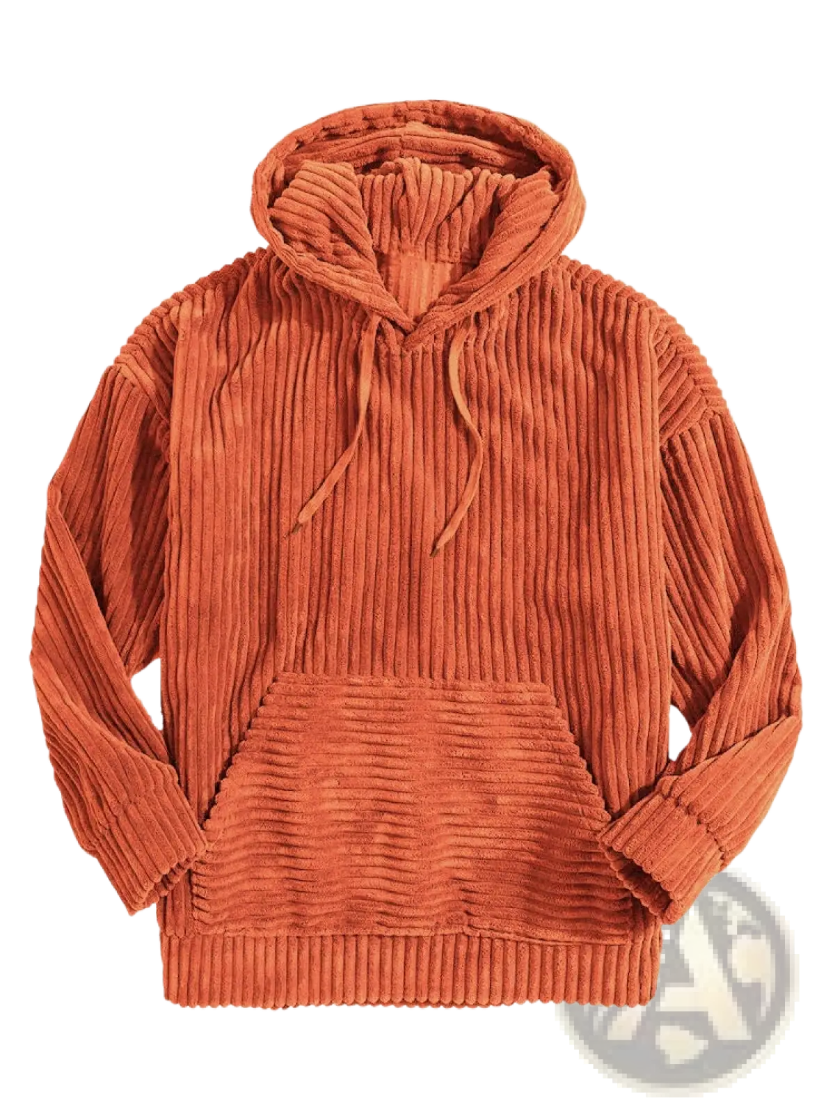 Men’s premium corduroy drop shoulder hoodie in cozy orange with ribbed texture and matching drawstrings