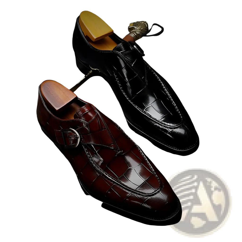 Men’s premium cowhide leather pointed toe low top shoes in burgundy and black with crocodile embossed finish and buckle design